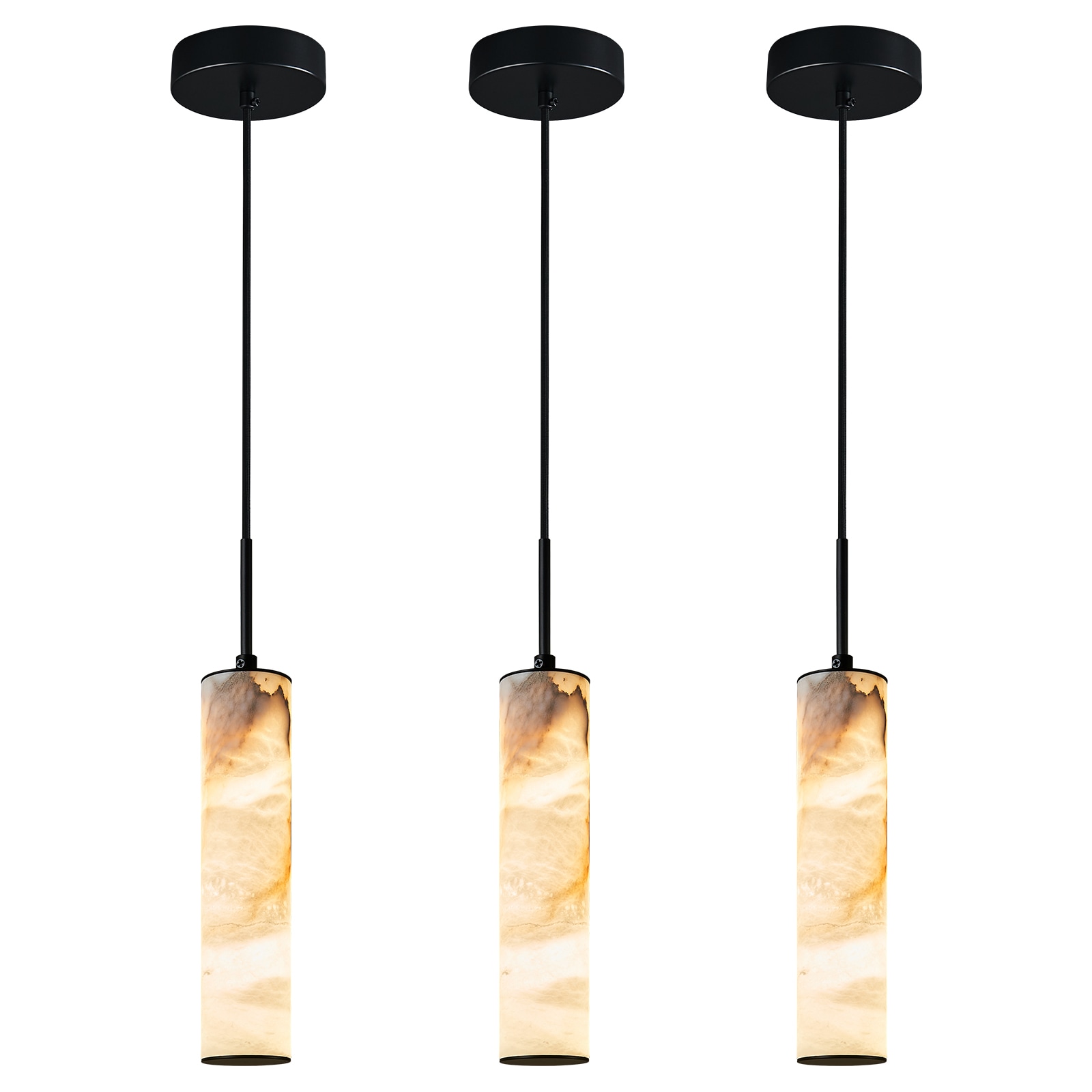 ZHLLMQ Modern 2.36 in 1-Light 3 Pack Black Cylinder Natural Alabaster Integrated LED Dimmable Hardwired Adjustable Pendant Light Fixture for Kitchen Island Bedroom Decor