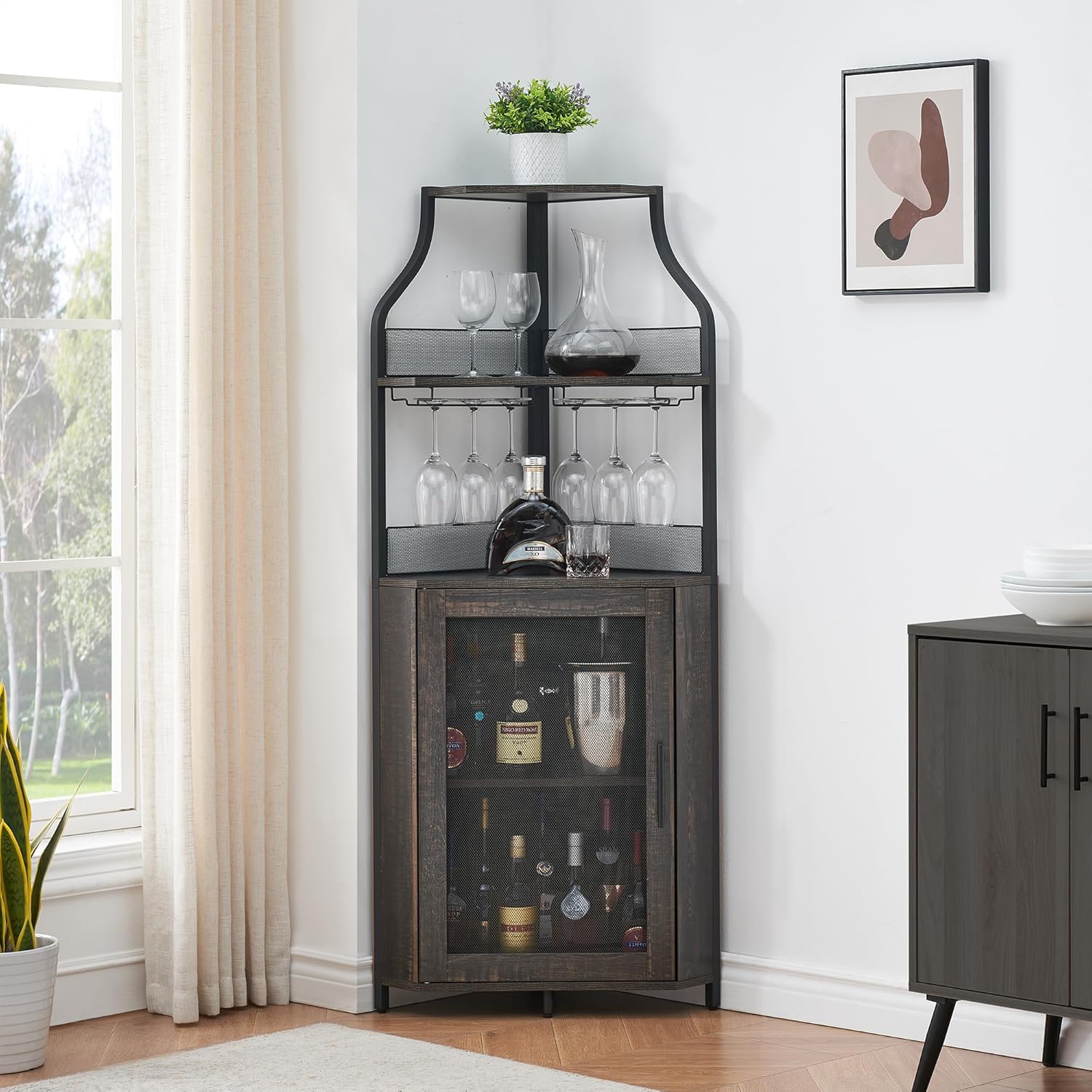 Qeetex 61 inch Tall Corner Wine Bar Cabinet with Adjustable