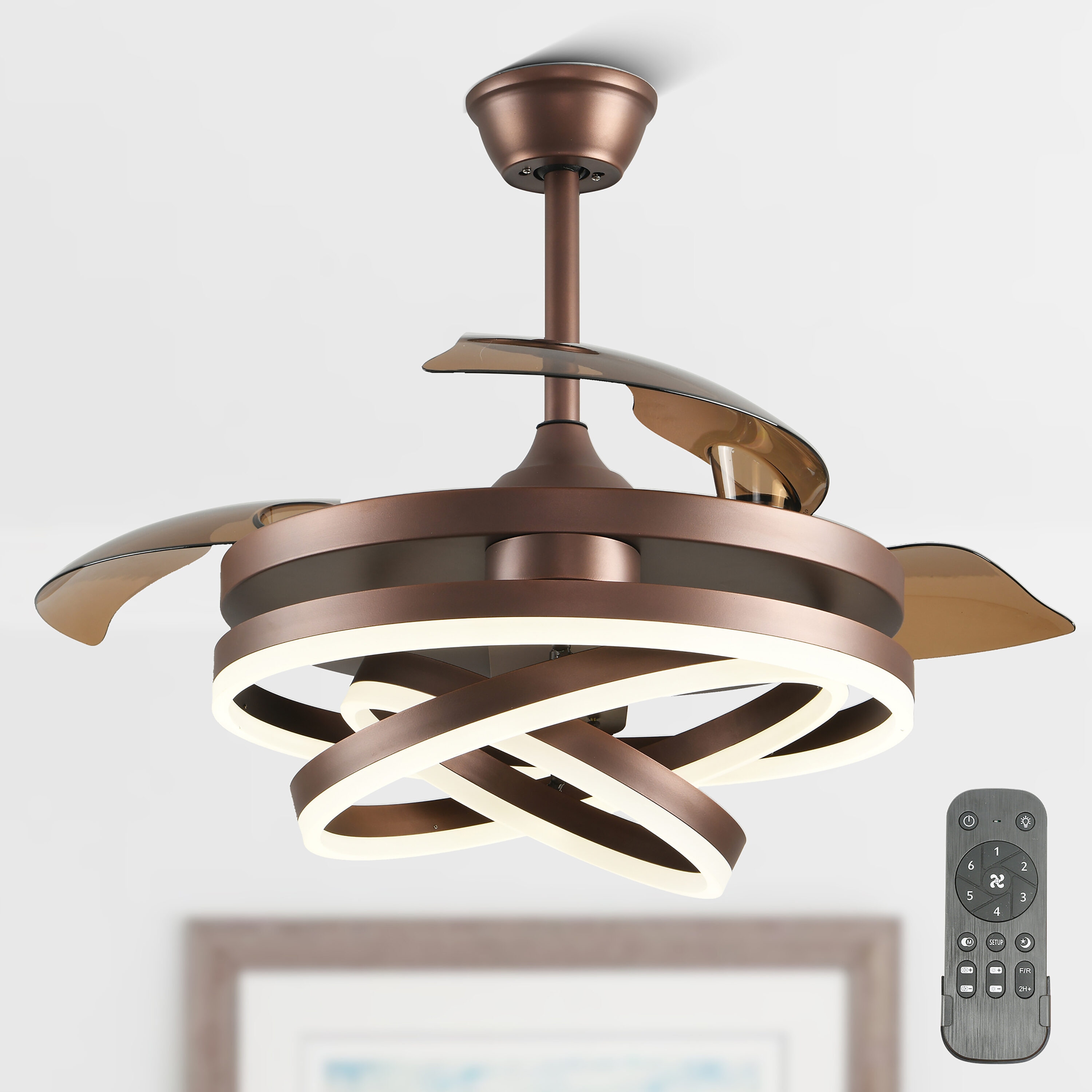 Cusp Barn CS42GED64DZ Raman 42-in Color-Changing Brown with ABS Blades Chandelier Ceiling Fan With Light - Remote Included ( 3 -Blade )