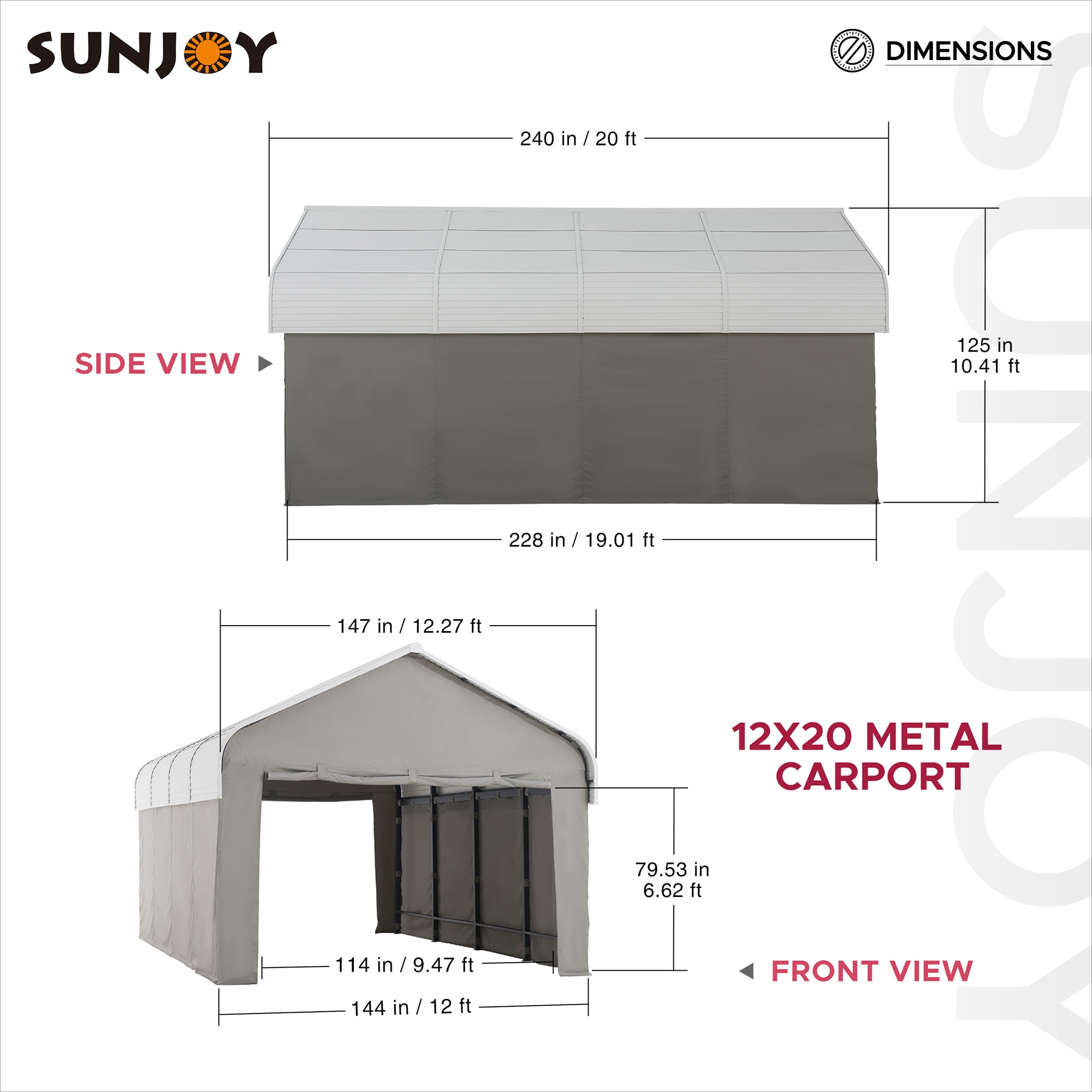 12' x 20' White Portable Carport Kit with Fabric Enclosure