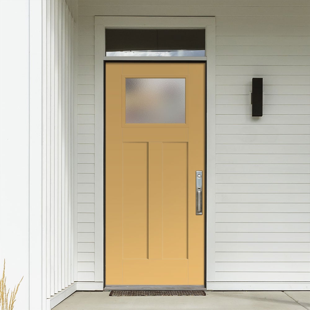 Masonite 628437 Pear Textured Glass 36-in x 80-in x 4-9/16-in Fiberglass Craftsman Left-hand inswing Cabana Yellow Painted Prehung Front Door with Brickmould Insulating core