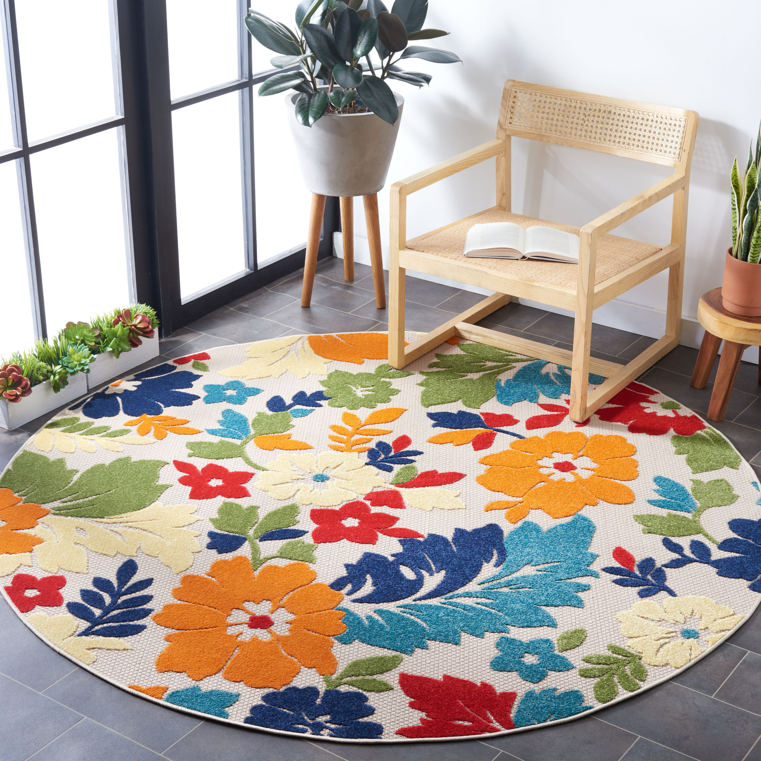 Safavieh CBN308A-7R Cabana 7 x 7 (ft) Loomed Synthetic Ivory/Orange Round Indoor/Outdoor Floral Tropical Area rug