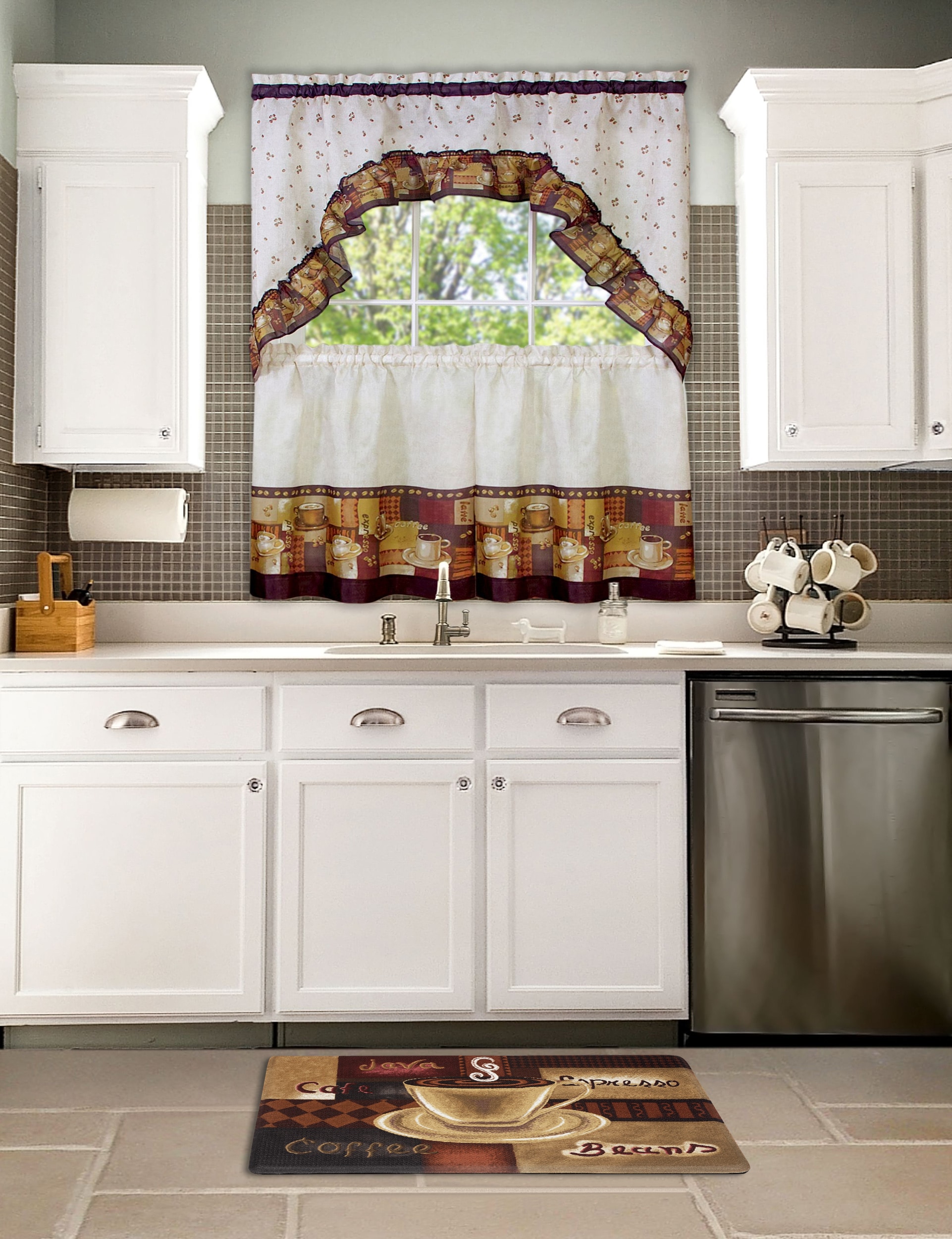 Ivory and Brown Coffee Print Tier Curtain Set