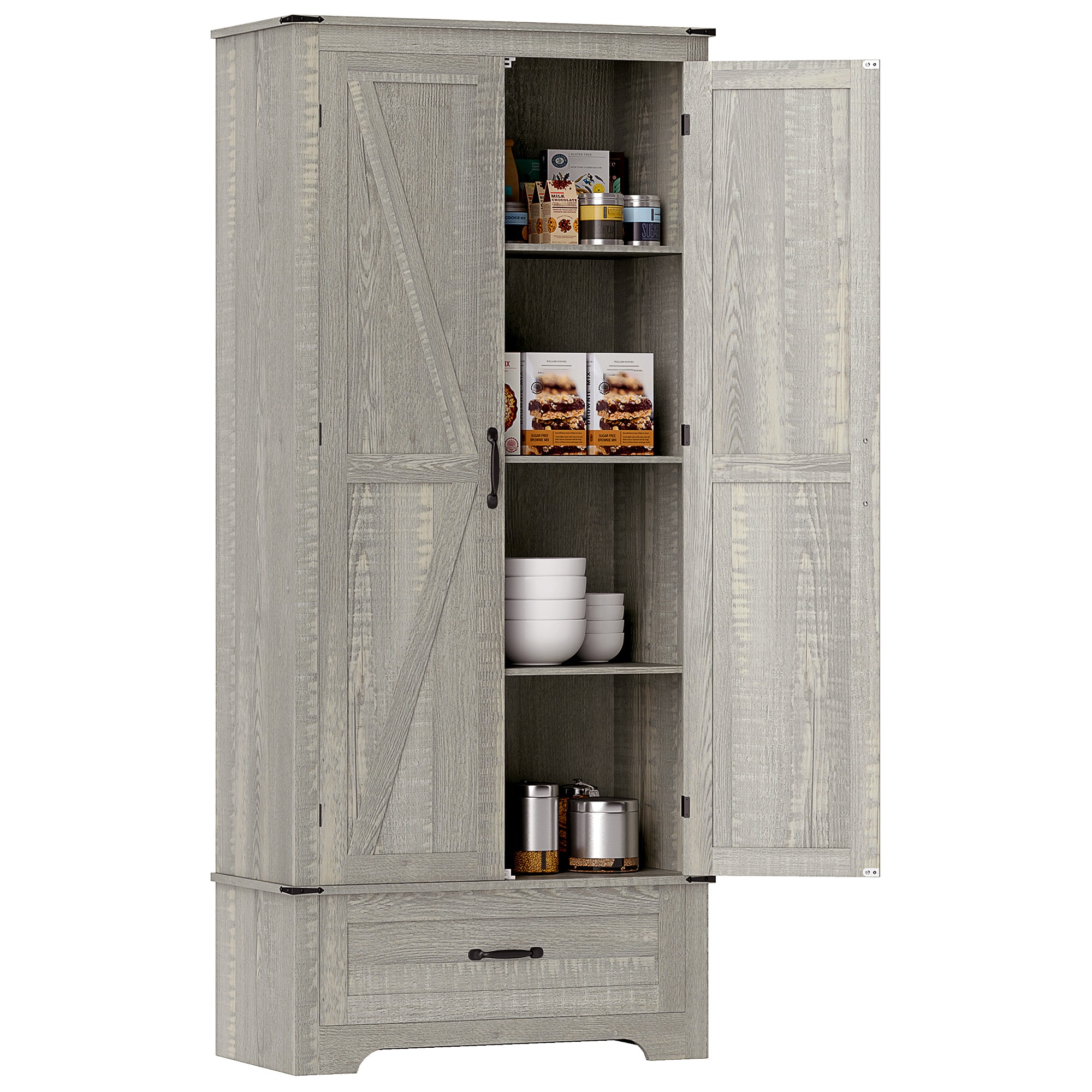 HomCom 838-504V80LG 72  Farmhouse Pantry Cabinet with Barn Doors  Tall Kitchen Pantry Storage Cabinet with Adjustable Shelves and Drawer  Distressed Light Gray