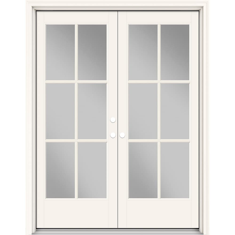 Masonite 630786 Performance Door System 60-in x 80-in x 4-9/16-in Fiberglass Full lite Left-hand inswing Arctic White Painted Prehung Double Front Door with Brickmould Insulating core with Grilles