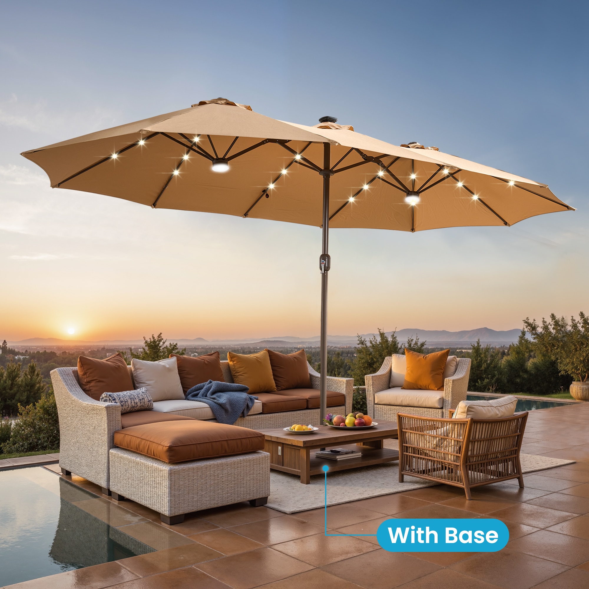 Ovios 14.5-ft Steel Tan No-tilt Market Patio Umbrella with Lights with Base