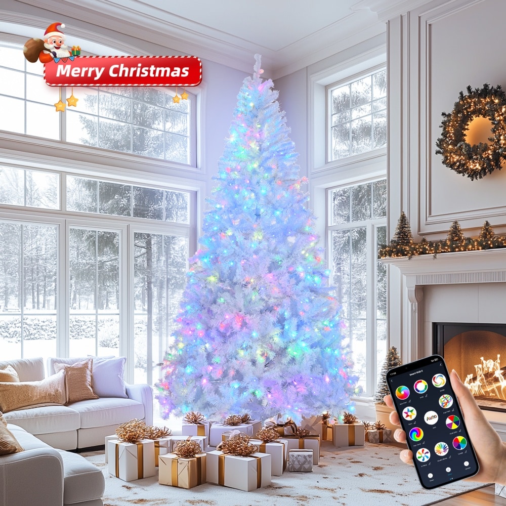 Upsimples 86237140-SYHJQ001 7FT Pre Lit White Christmas Tree 1150 PVC Branch Tips 400 RGB LEDs Flame Retardant Artificial Holiday Centerpiece
