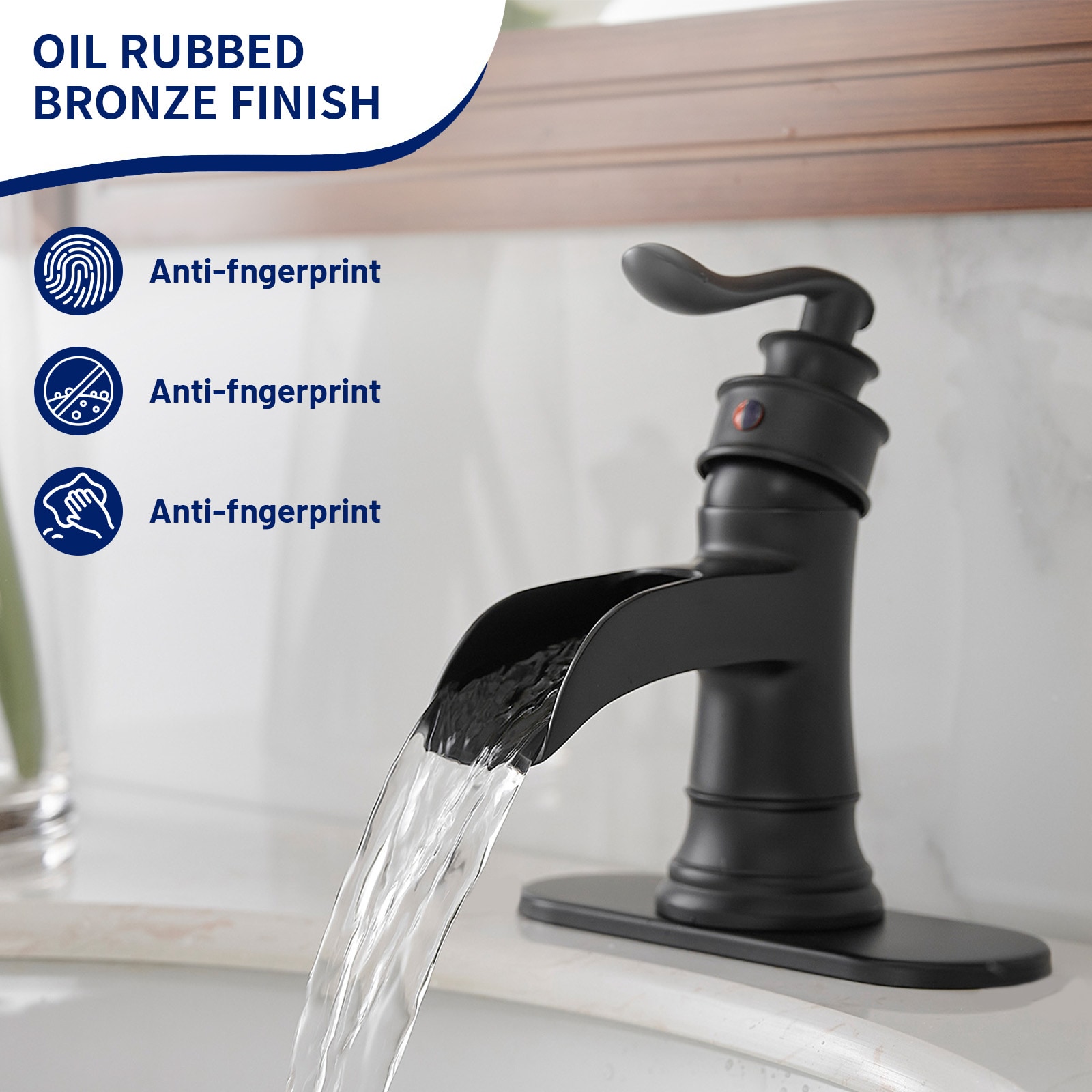 Matte Black Single-Handle Waterfall Bathroom Faucet with Deck Plate