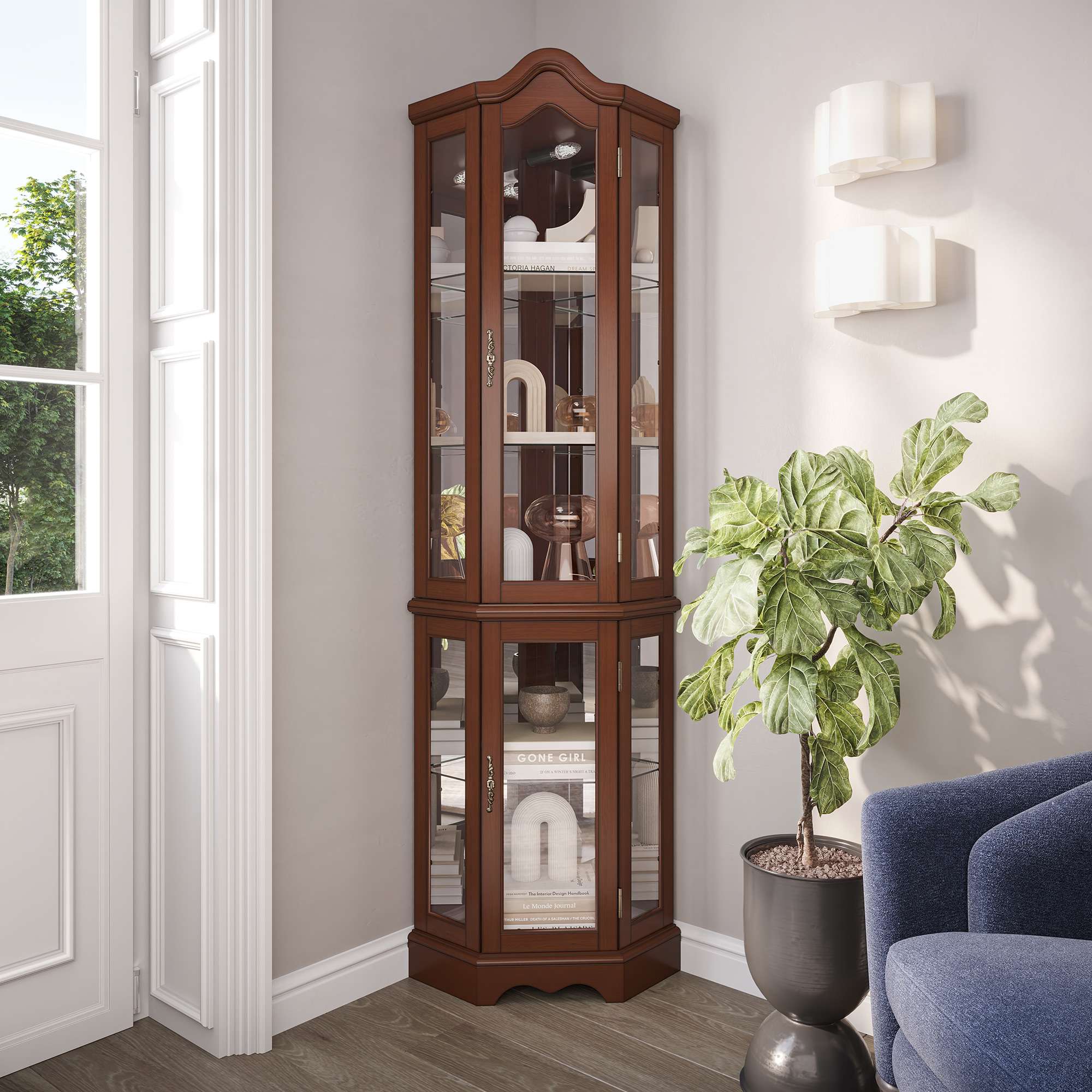 Belleze 014-HG-43503-WA Lighted 3 Side Glass Display Curio Cabinet with Tempered Glass Doors and Shelves Walnut
