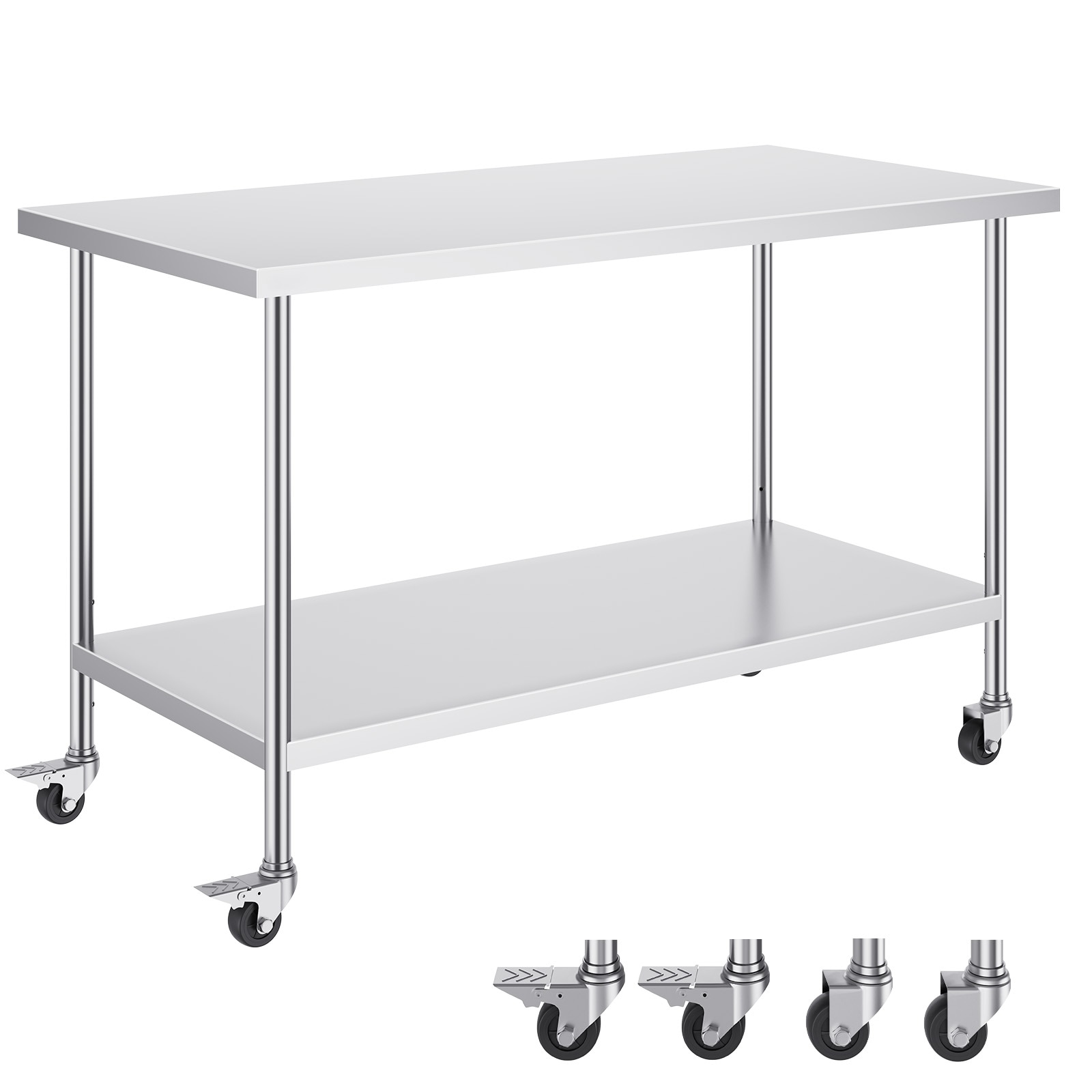 VEVOR SCCFBXGGZTLC04980V0 Stainless Steel Work Table 30 x 60 x 38 Inch  with 4 Wheels  3 Adjustable Height Levels  Heavy Duty Food Prep Worktable for Commercial Kitchen Restaurant  Silver