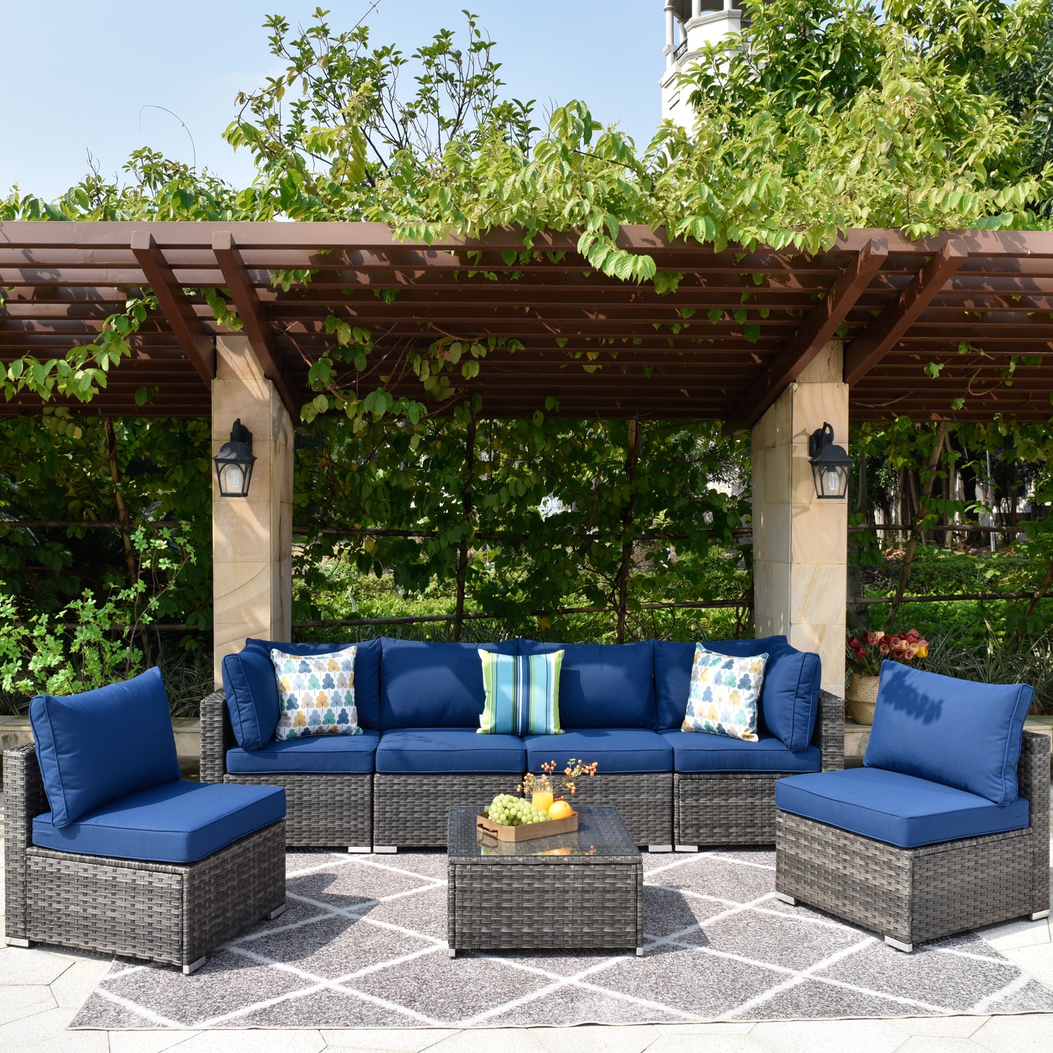 XIZZI HOP703 Libra 7 -Piece Rattan Patio Sofa Conversation Set with Blue Cushions