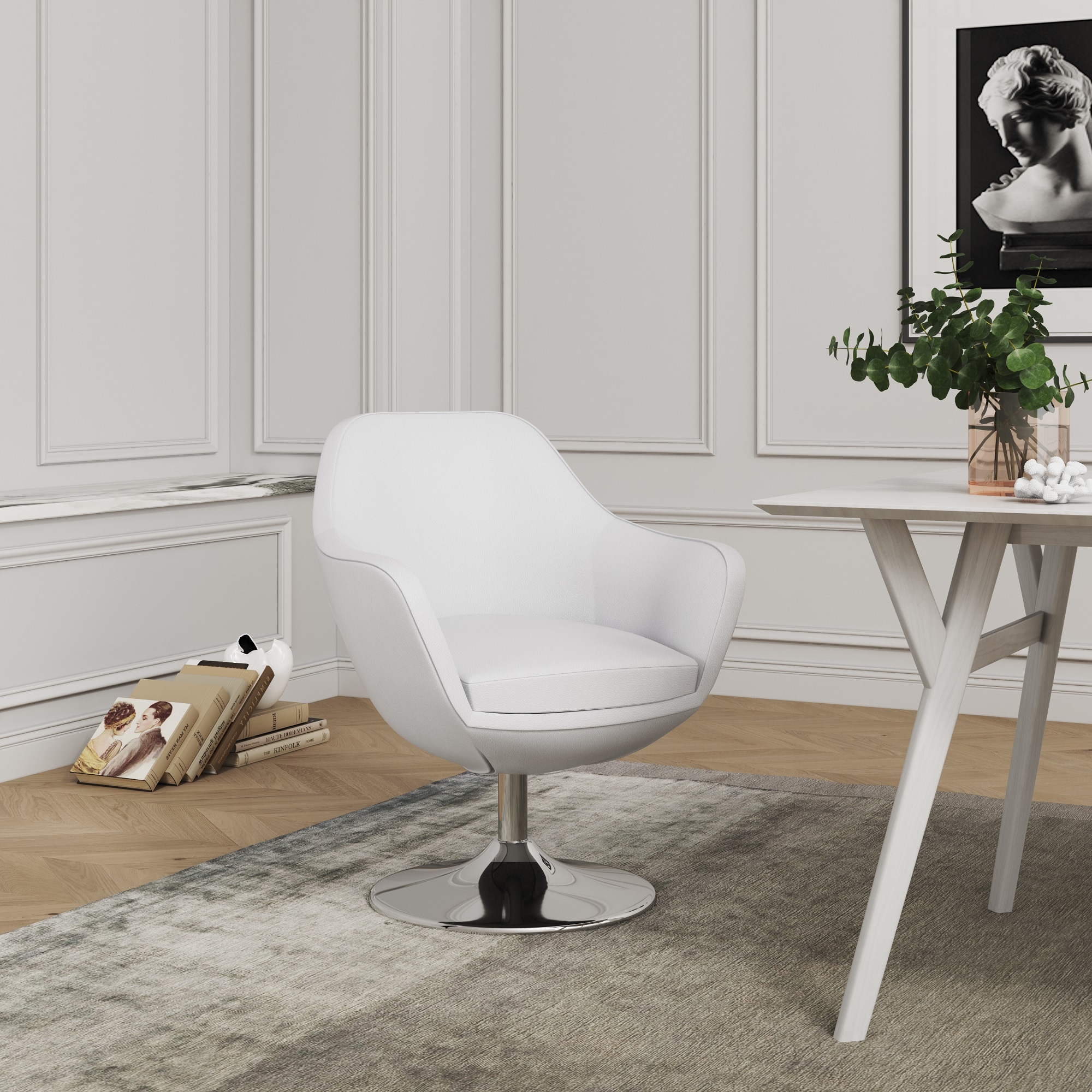 Manhattan Comfort 2-AC028-WH 2 Modern White and Polished Chrome Faux leather Swivel Accent Chair