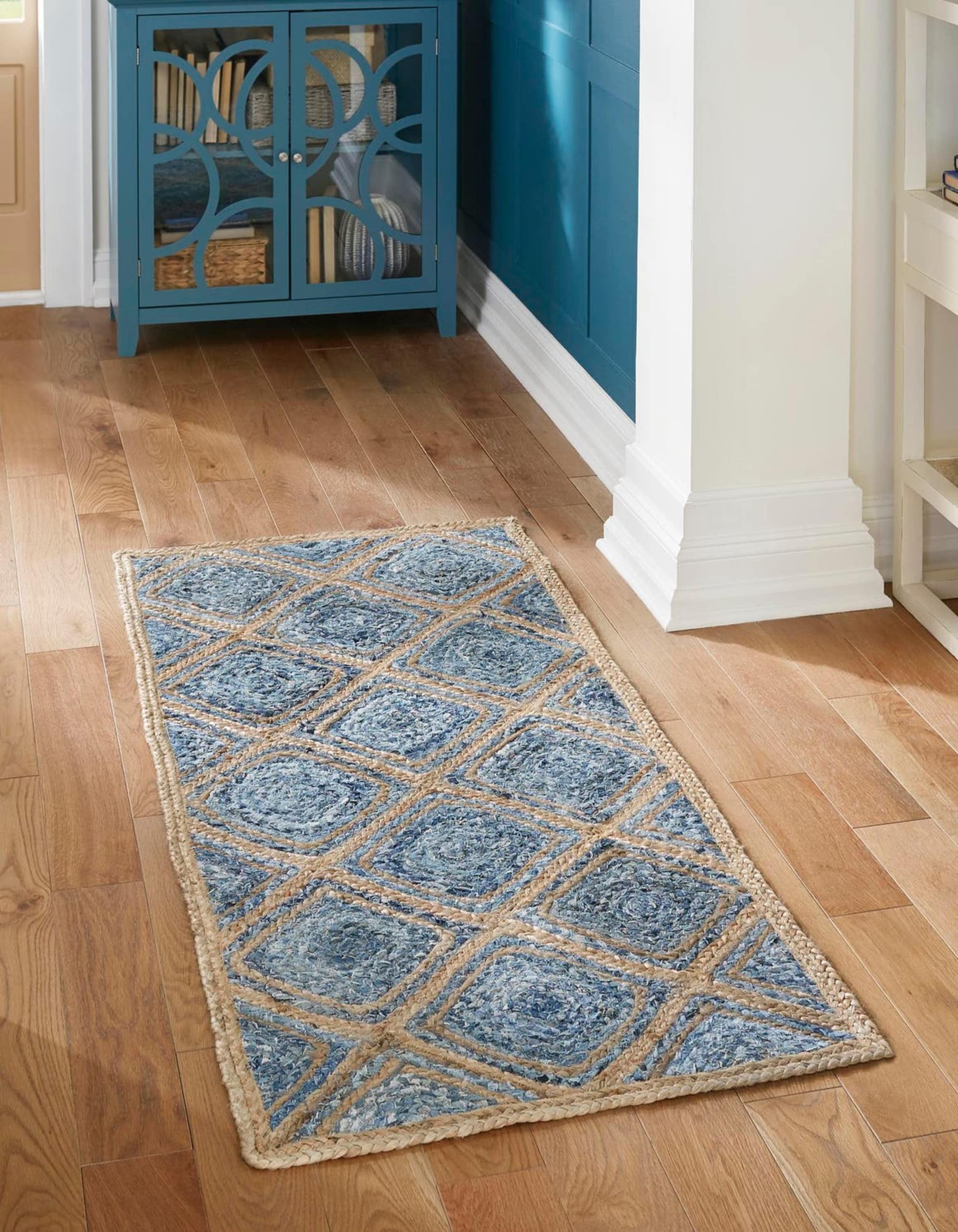 Unique Loom 3138957 Braided Jute 3 x 6 (ft) Braided Cotton Blue Rectangular Indoor Geometric Runner rug