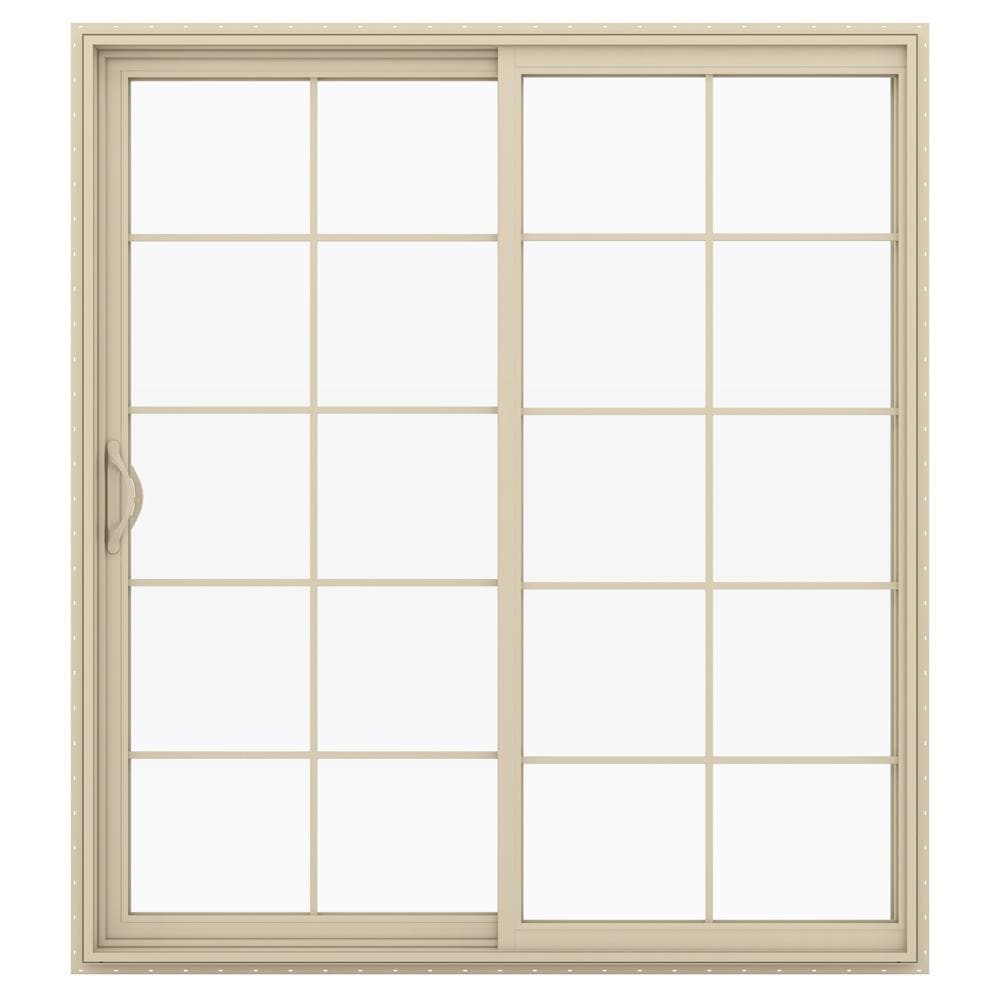 JELD-WEN LOWOLJW181500098 72-in x 80-in x 4-9/16-in Jamb Low-E argon Grilles between the glass , Almond Vinyl Left-hand Sliding Double Patio Door Screen Included