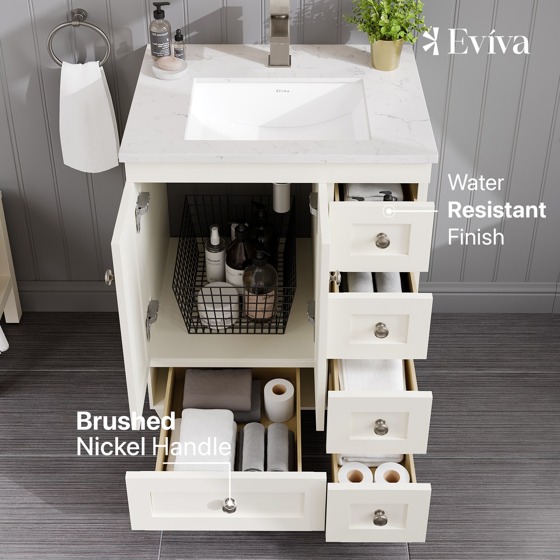 White Carrara Quartz Top Freestanding Bathroom Vanity with Porcelain Sink