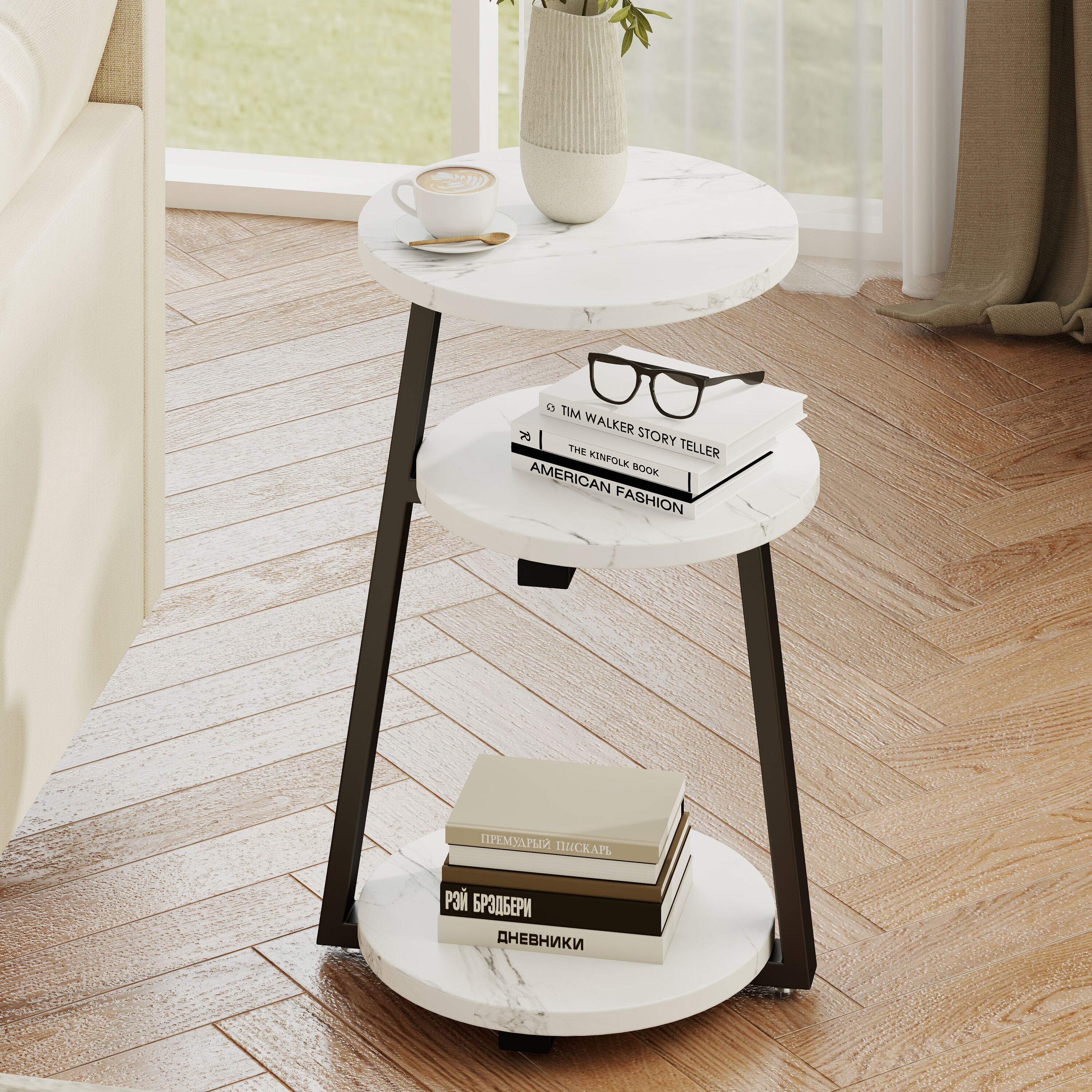 Blisstyle Small Round Side Table with 3 Tier Storage White Black