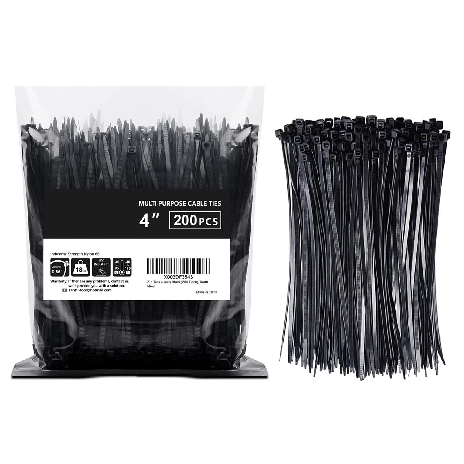 Etokfoks 200 Pack 4 Inch Small Zip Ties with 18 lb Tensile Strength Black UV Resistant Nylon 66 for Various Projects #EFT1013F339
