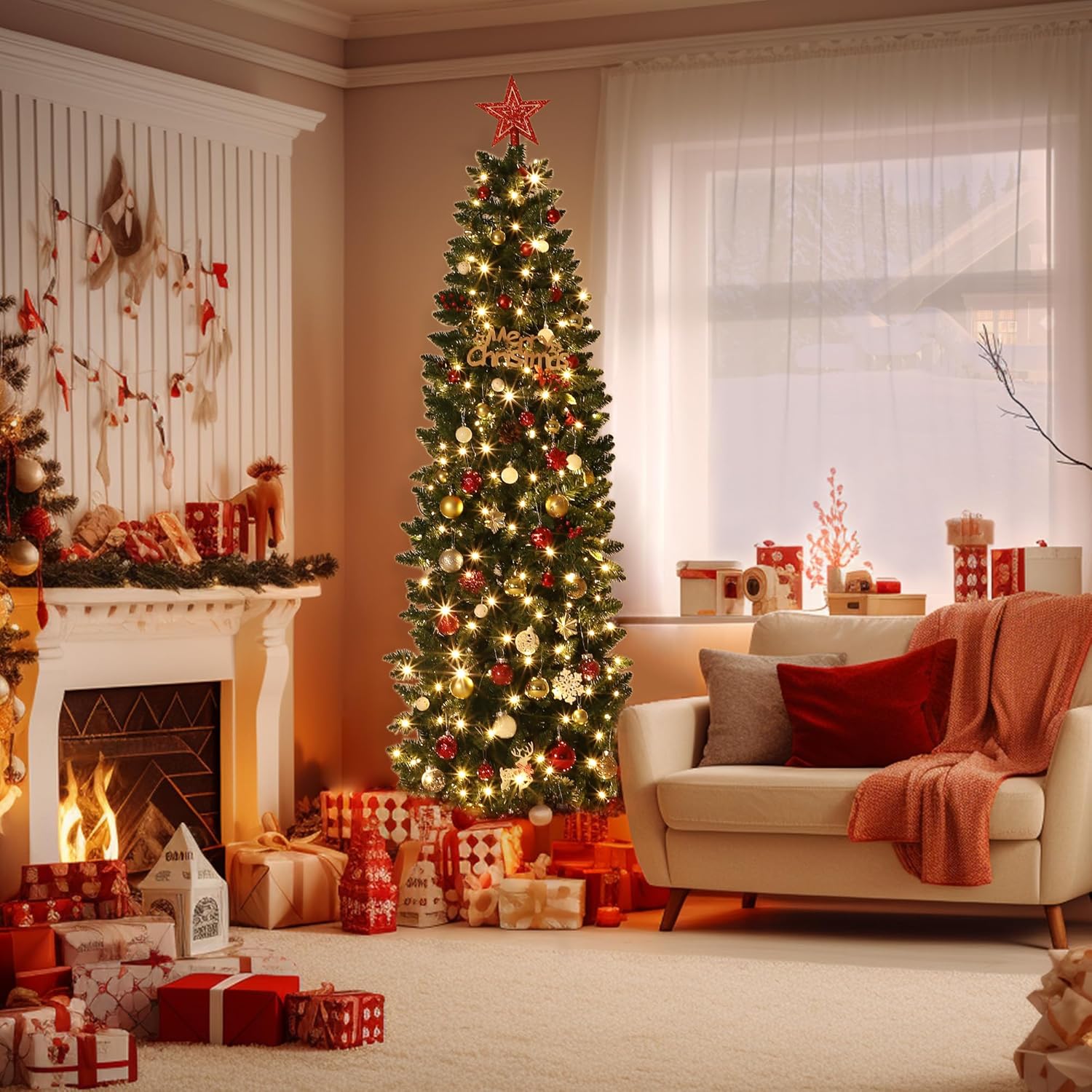 Qeetex YJCJ-PHK-35HHPN46 7.5ft Frosted Pencil Christmas Tree with Pine Cones LED Lights 8 Modes Hinged Branches Metal Stand Flocked PE or PVC Tree for Indoor Decor