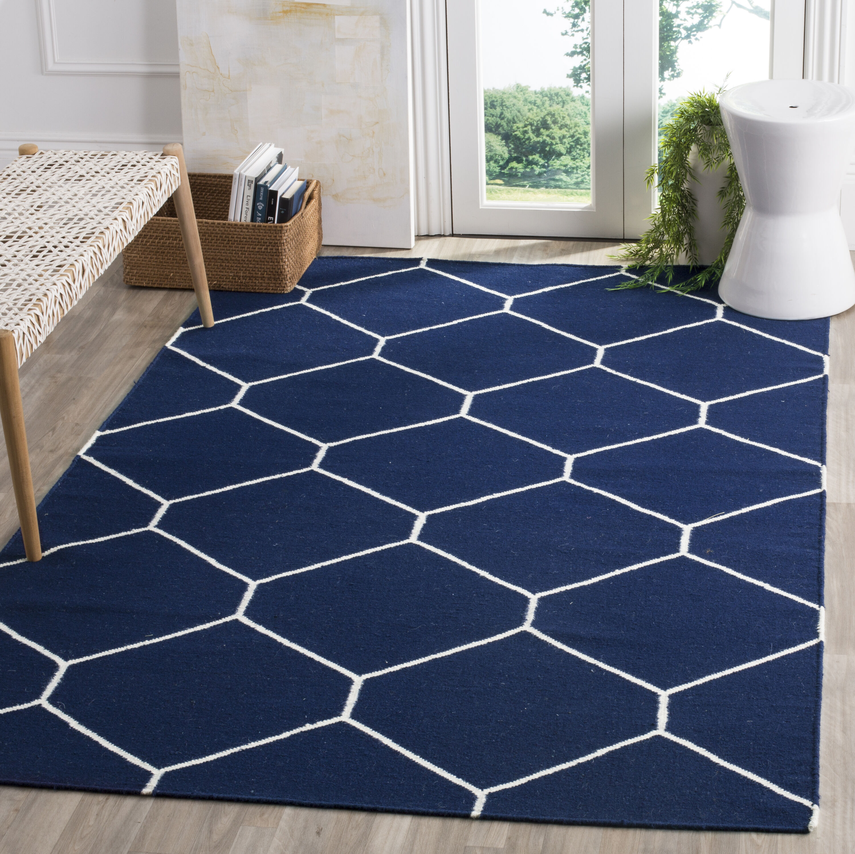  Dhurries 635 Navy/Ivory Contemporary 4ft x 6ft Small Rectangle Rug