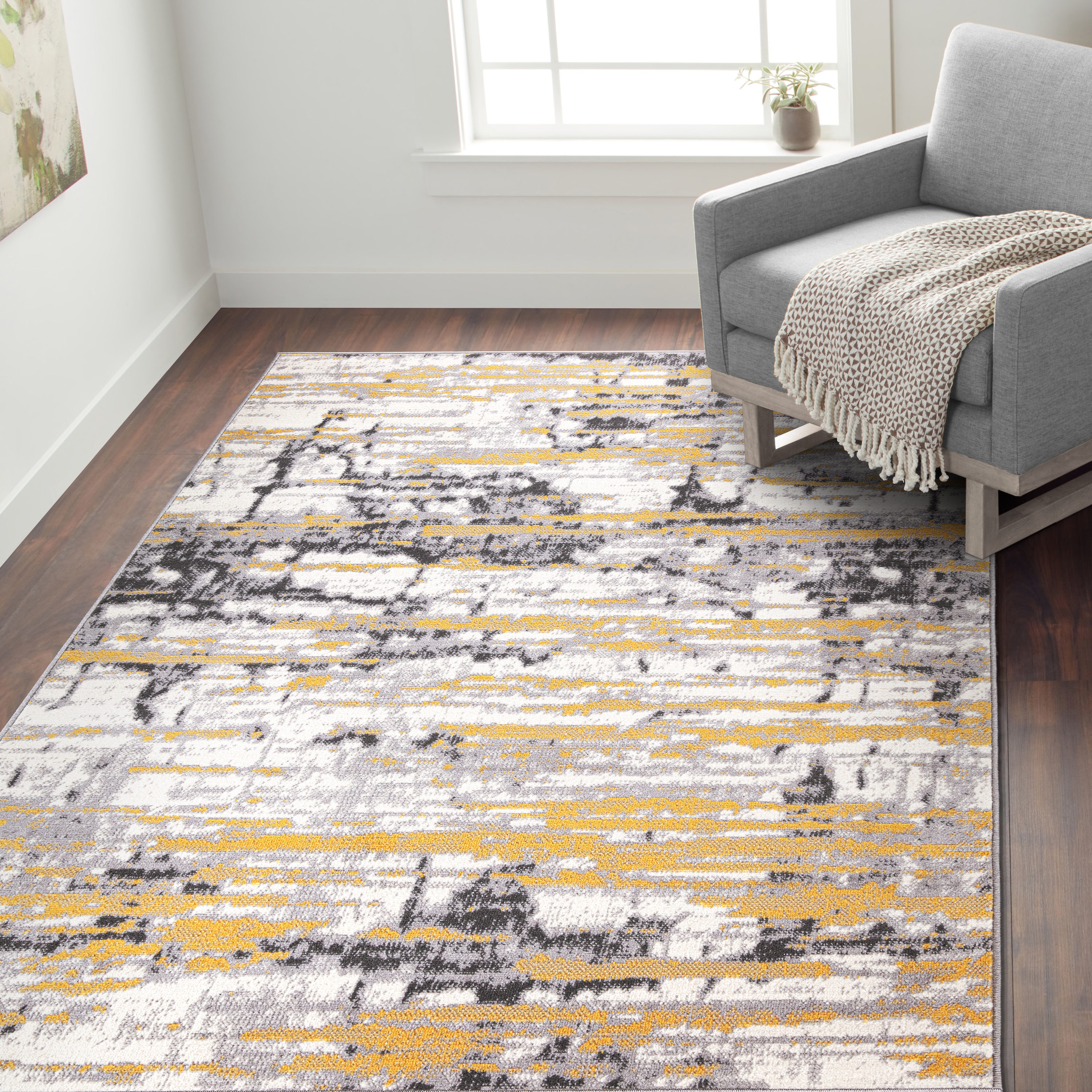 Yellow and Gray Abstract 8' x 10' Synthetic Area Rug