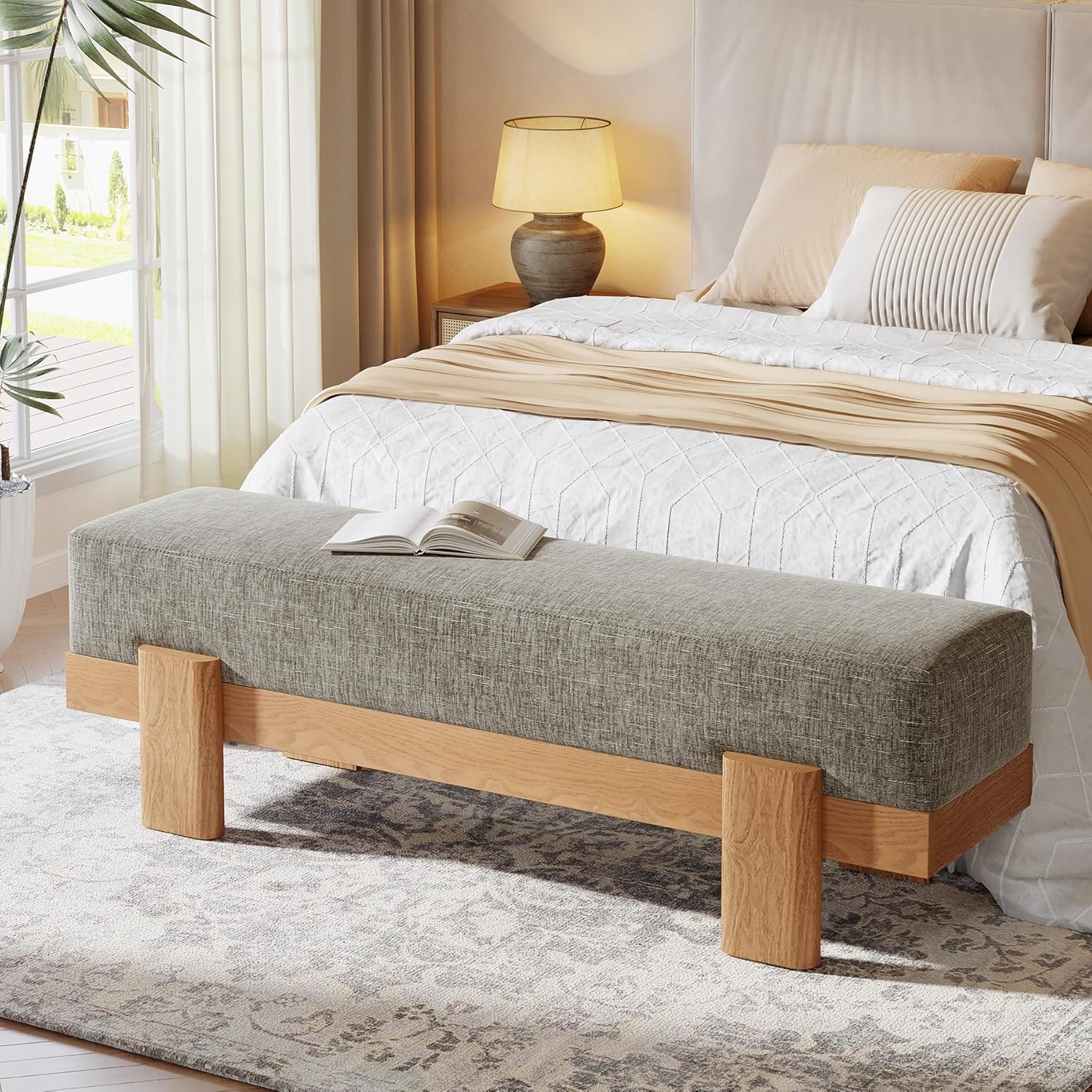 Tribesigns  55 inches Upholstered Dining Bench Modern Dining Bench with Fabric Padded Seat and MDF Frame Kitchen Stool for Dining Room Beige and Oak