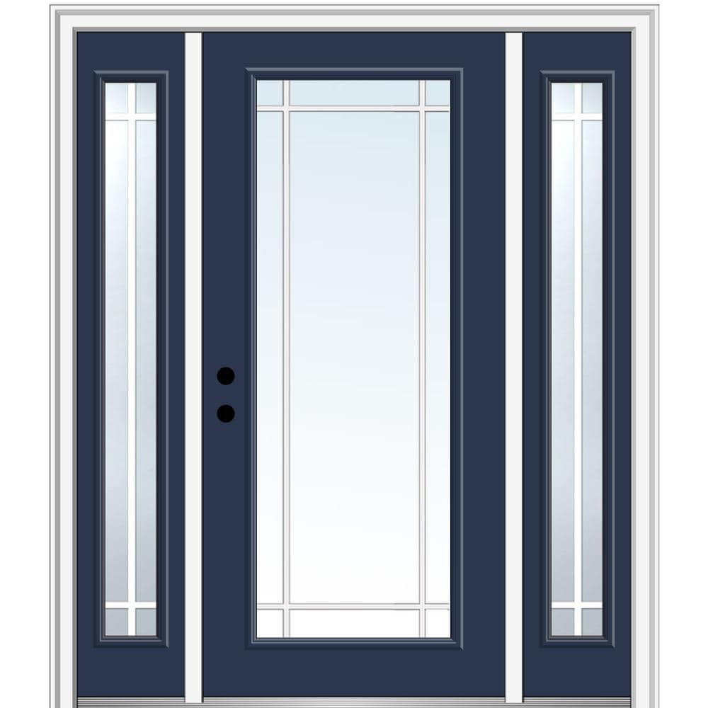 MMI DOOR ZZ11996R 64-in x 80-in x 4-9/16-in Fiberglass Full lite Right-hand inswing Naval Painted Prehung Front Door with Sidelights with Brickmould Insulating core with Grilles