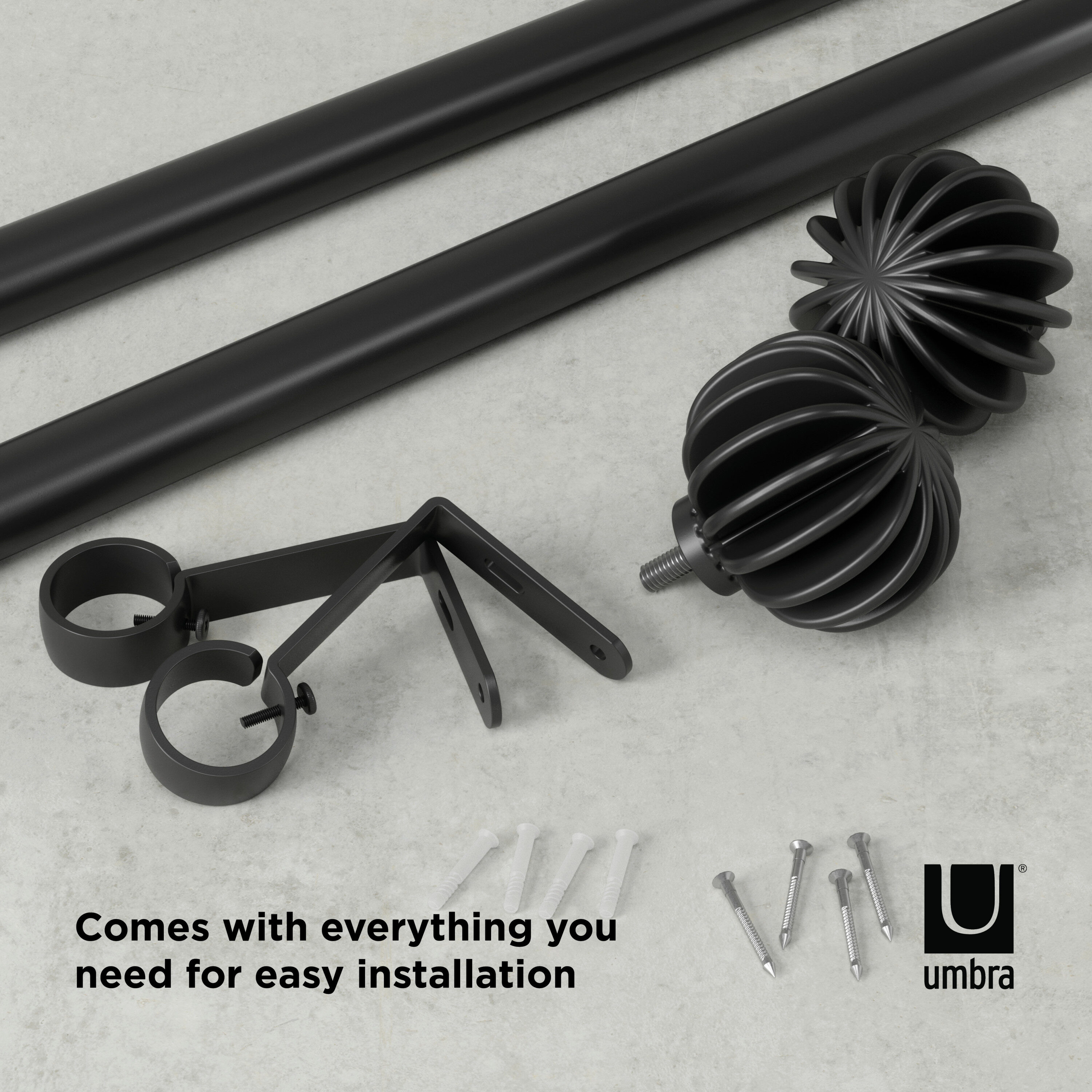 Matte Black Adjustable Steel Curtain Rod with Pleated Finial