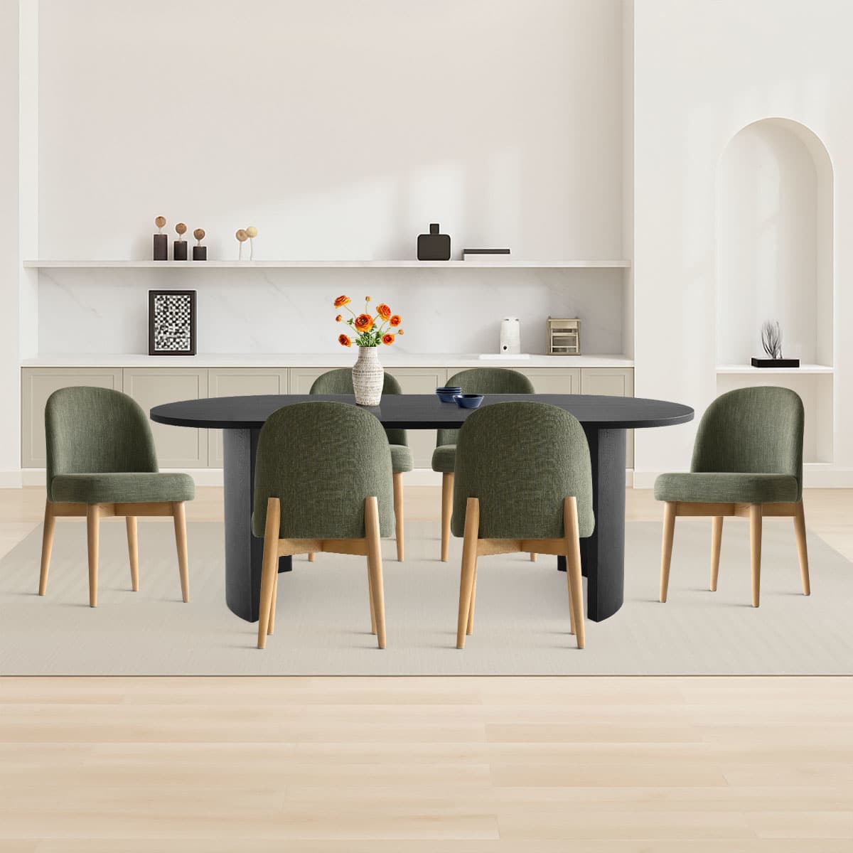 Maison Boucle DWEN79BK+HAVNAGREEN6 7-Piece Modern Dining Table Set with Black Oval Table and Green Linen Upholstered Dining Chairs
