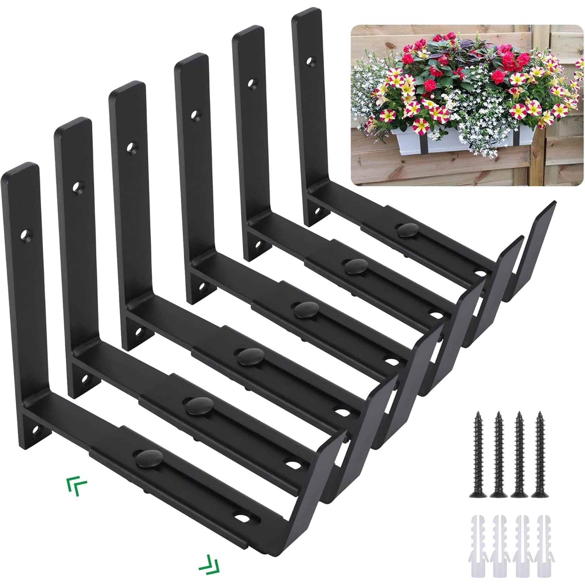 Angel Sar 6 Pack Adjustable Heavy Duty Window Planter Box Brackets with Wall Mount Design for 6 to 12 Inch Planter Box Depth Black