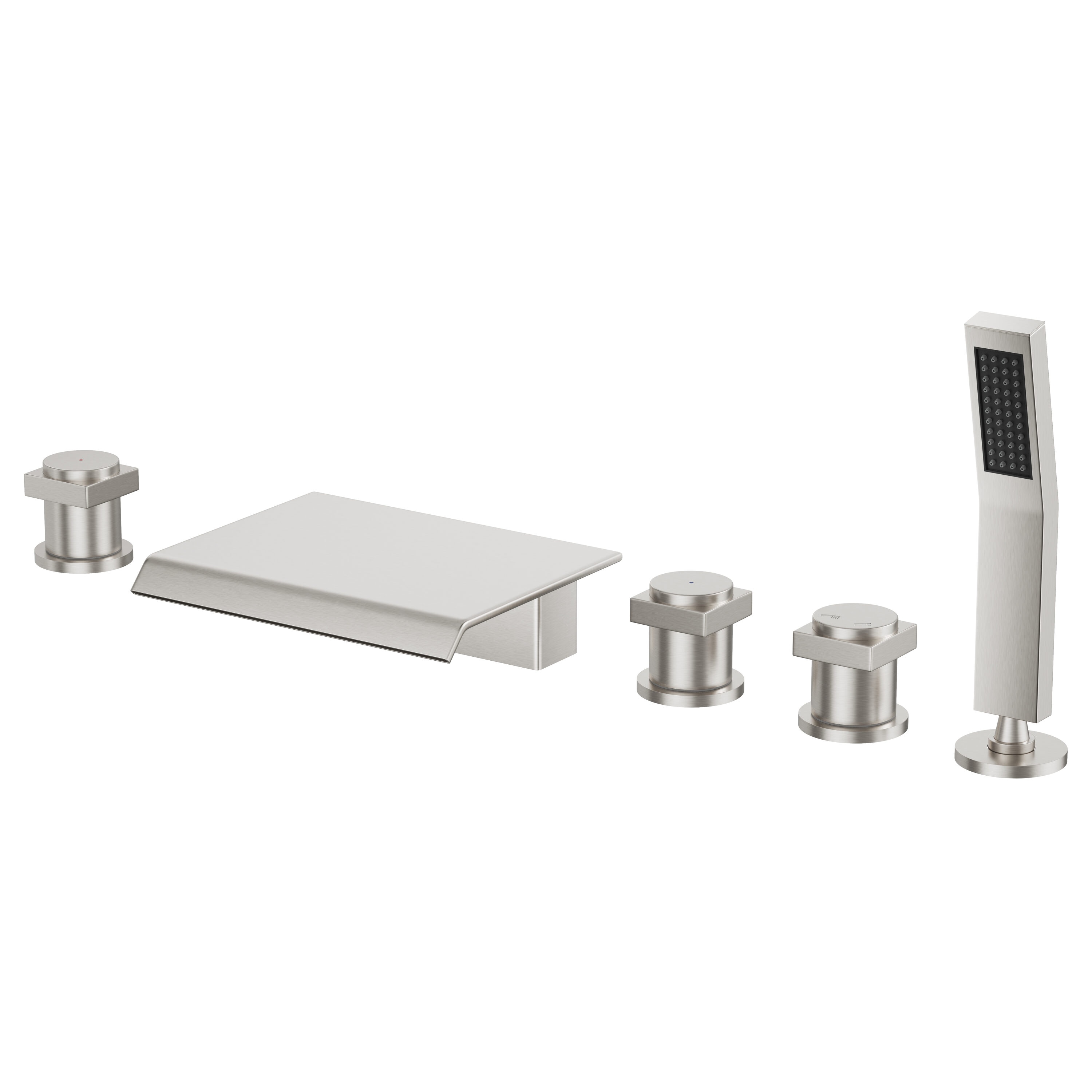 Clihome Deck Mounted Tub Faucet Brushed Nickel 3-handle Deck-mount Roman Waterfall Bathtub Faucet with Hand Shower