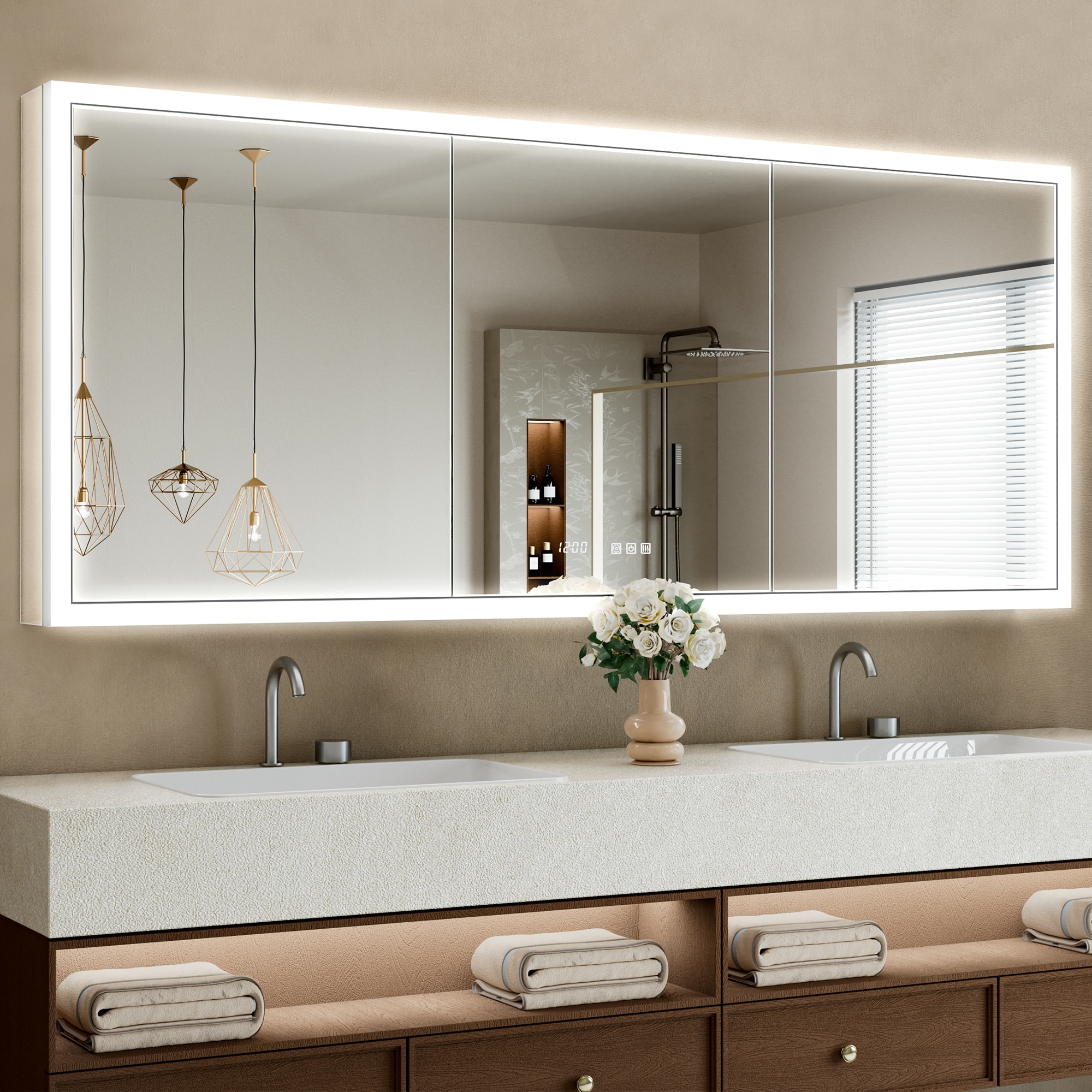 QueenFun BLMC7230 Elega 72-in x 30-in Lighted LED Fog Free Surface/Recessed Mount Silver Mirrored Rectangle Soft Close Medicine Cabinet