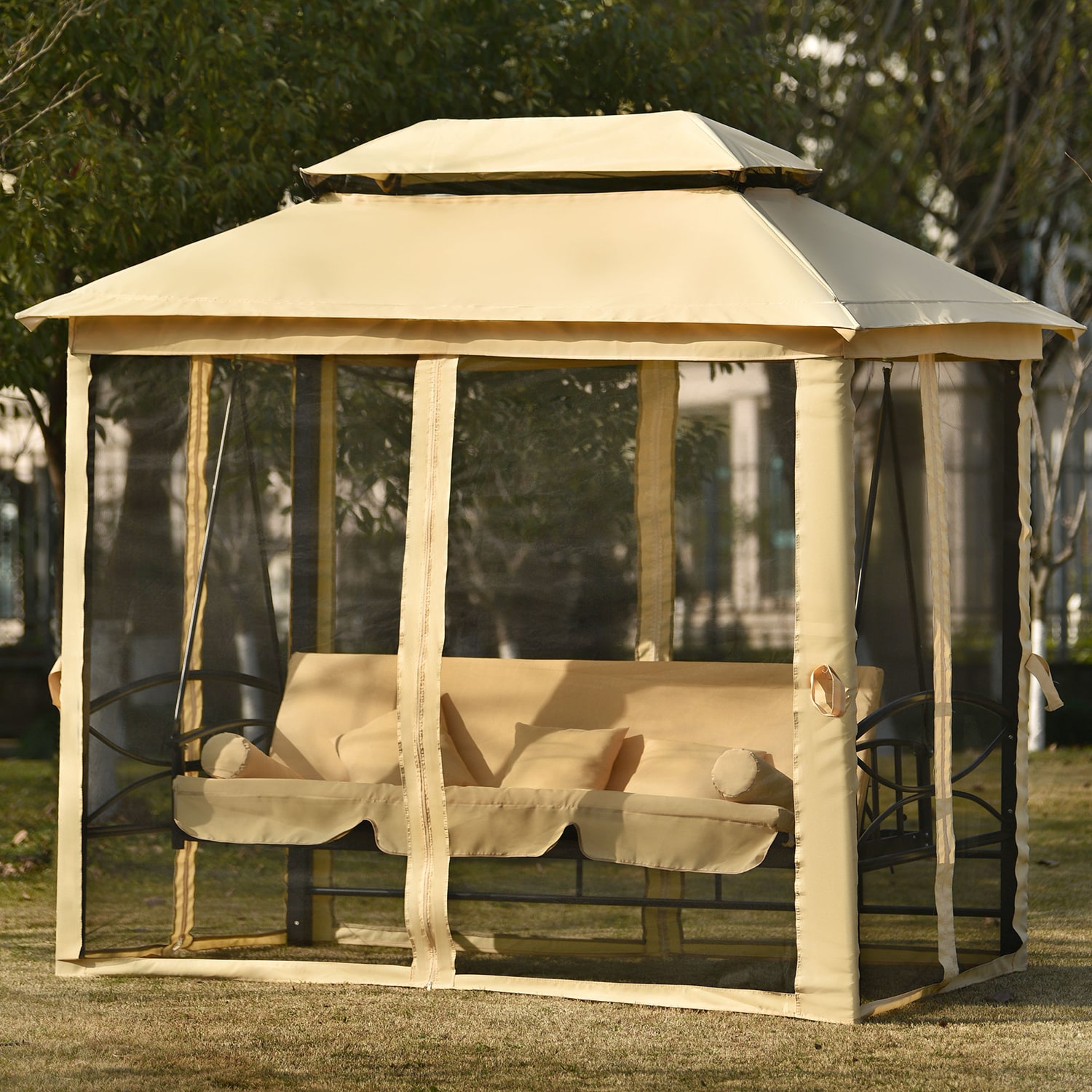 GZMR 8.9-ft x 5.9-ft Outdoor Gazebo with Convertible Swing Bench ...