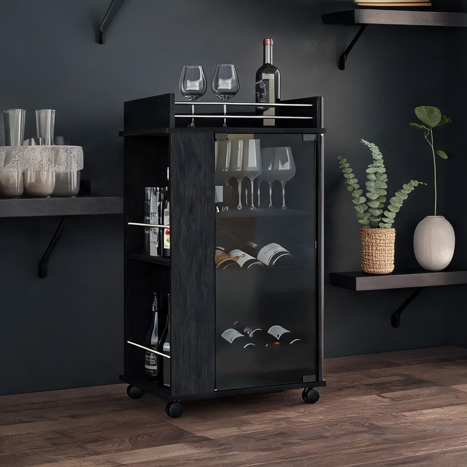 FlowLuxe Modern Bar Cart with Glass Door and Side Shelves Jet Black ...