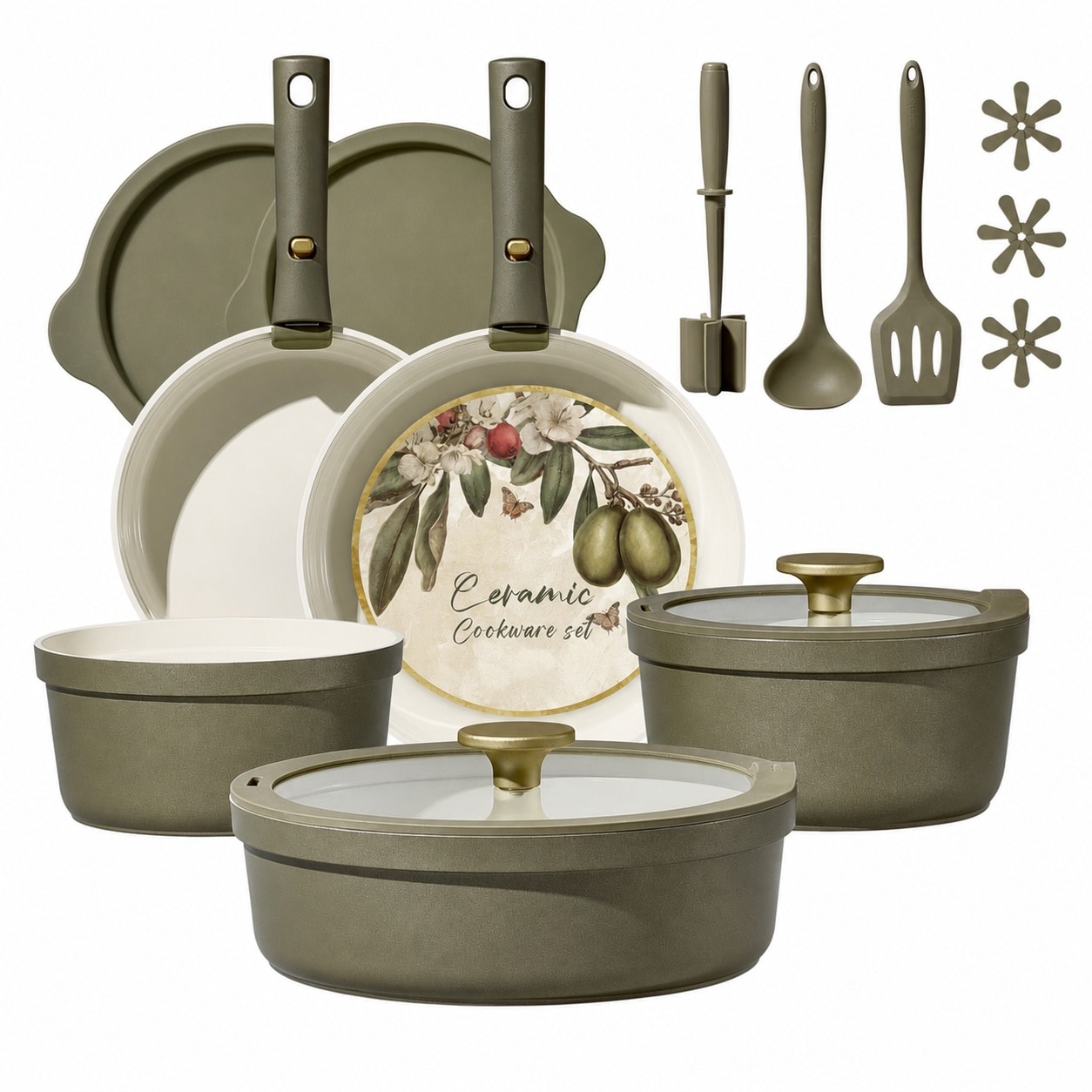Etokfoks  21 Piece Nonstick Ceramic Cookware Set in Olive Green Induction Ready PFOA PFOS Free Dishwasher Safe
