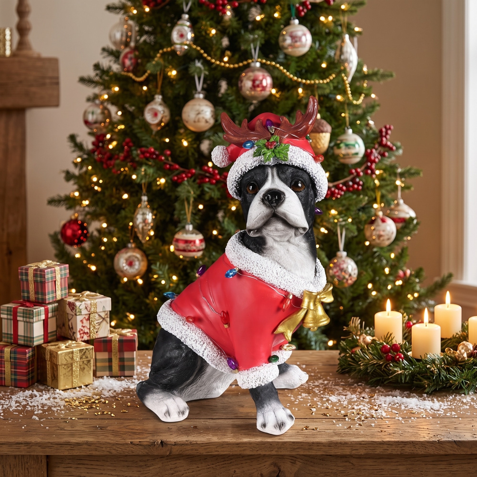 HyperDrop Cart Santa Outfit Boston Terrier Resin Statue Festive Christmas Dog Decor