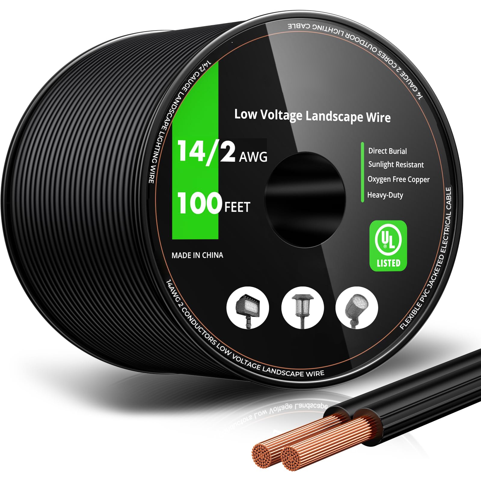 Afoxsos 100 Foot 14 Gauge 2 Conductor Low Voltage Landscape Lighting Copper Wire Roll Outdoor Direct Burial Electrical Wire UL Certified