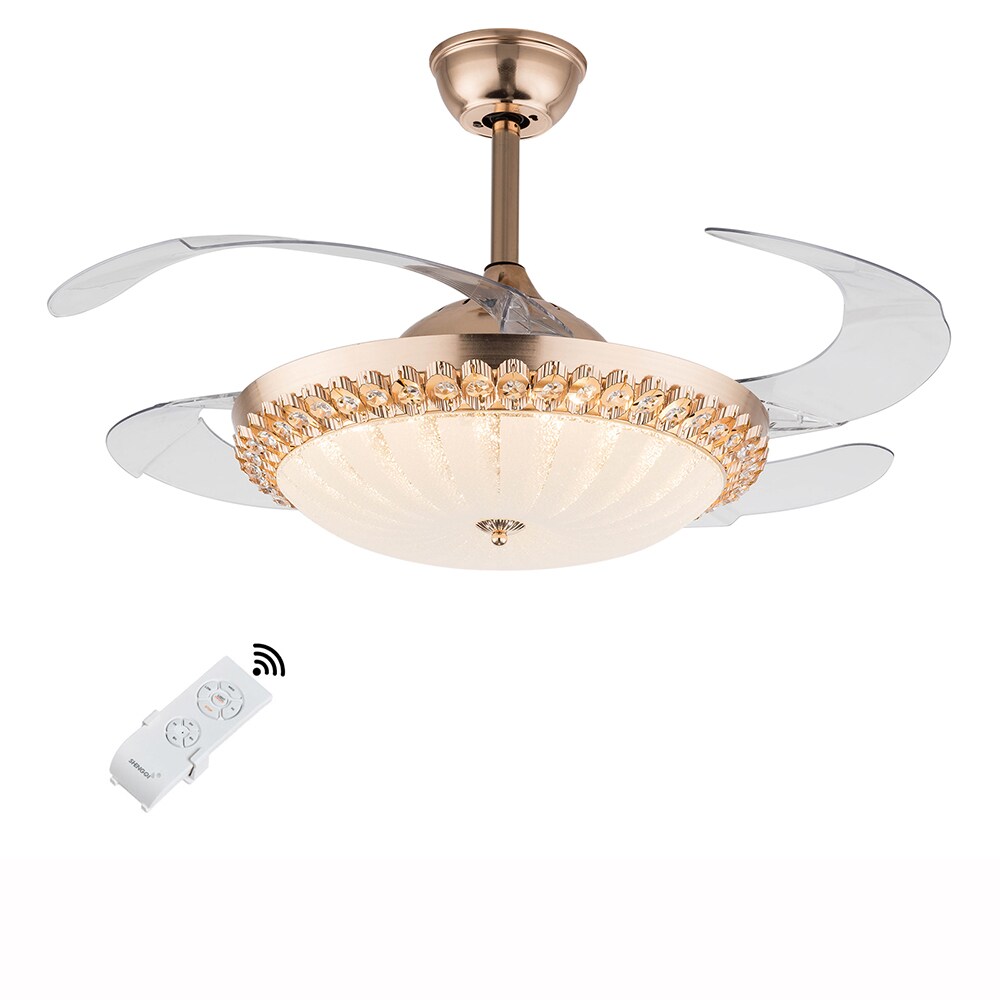 Oukaning HG-HCX-2270 42-Inches Gold Modern Adjustable LED Retractable with ABS Blades Color-Changing Integrated LED Fixture Indoor Downrod mount Chandelier Ceiling Fan With Light and Remote ( 4 -Blade)