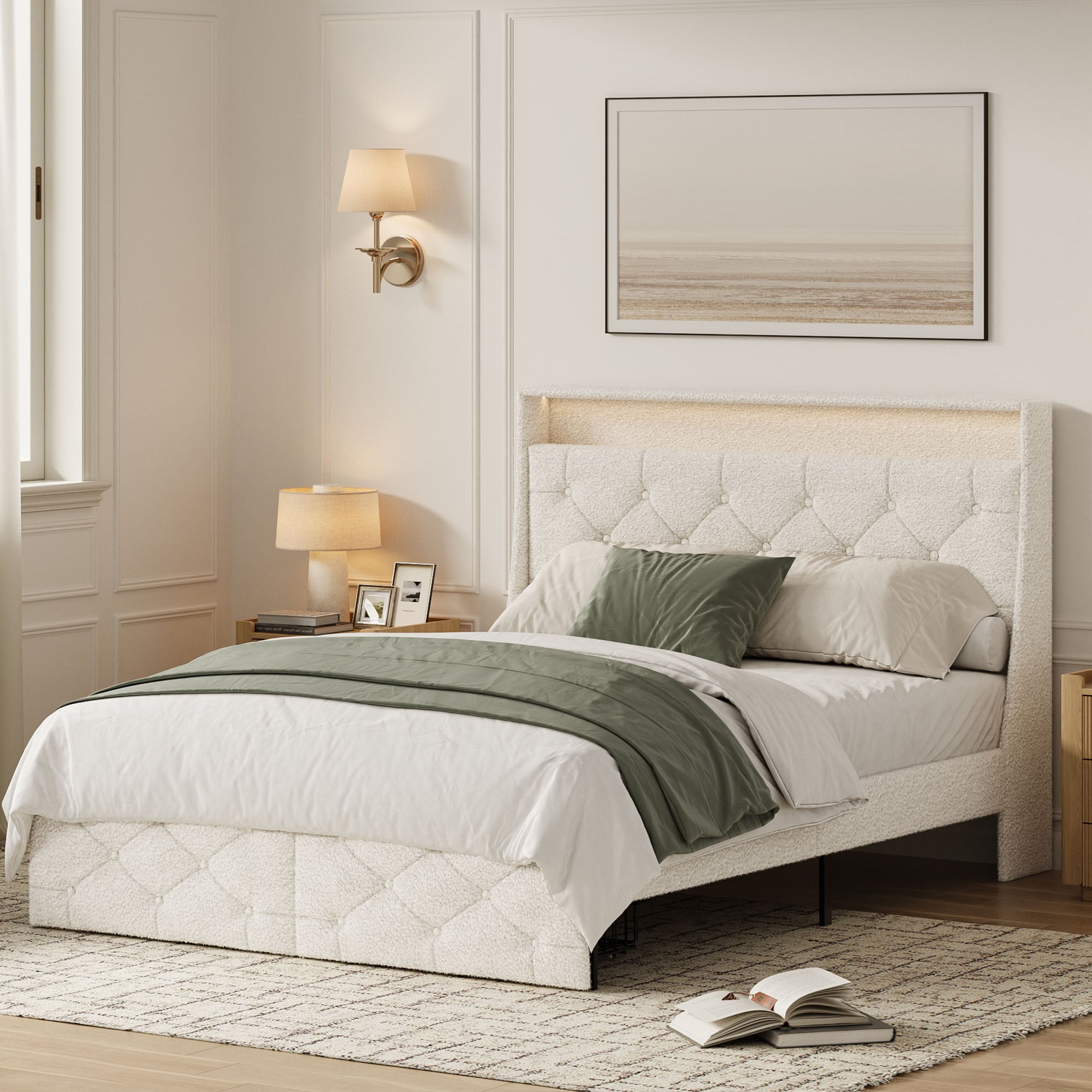 Angel Sar King Size Teddy Boucle Upholstered Platform Bed with 2 Drawers LED Lighting Tufted Wingback Headboard