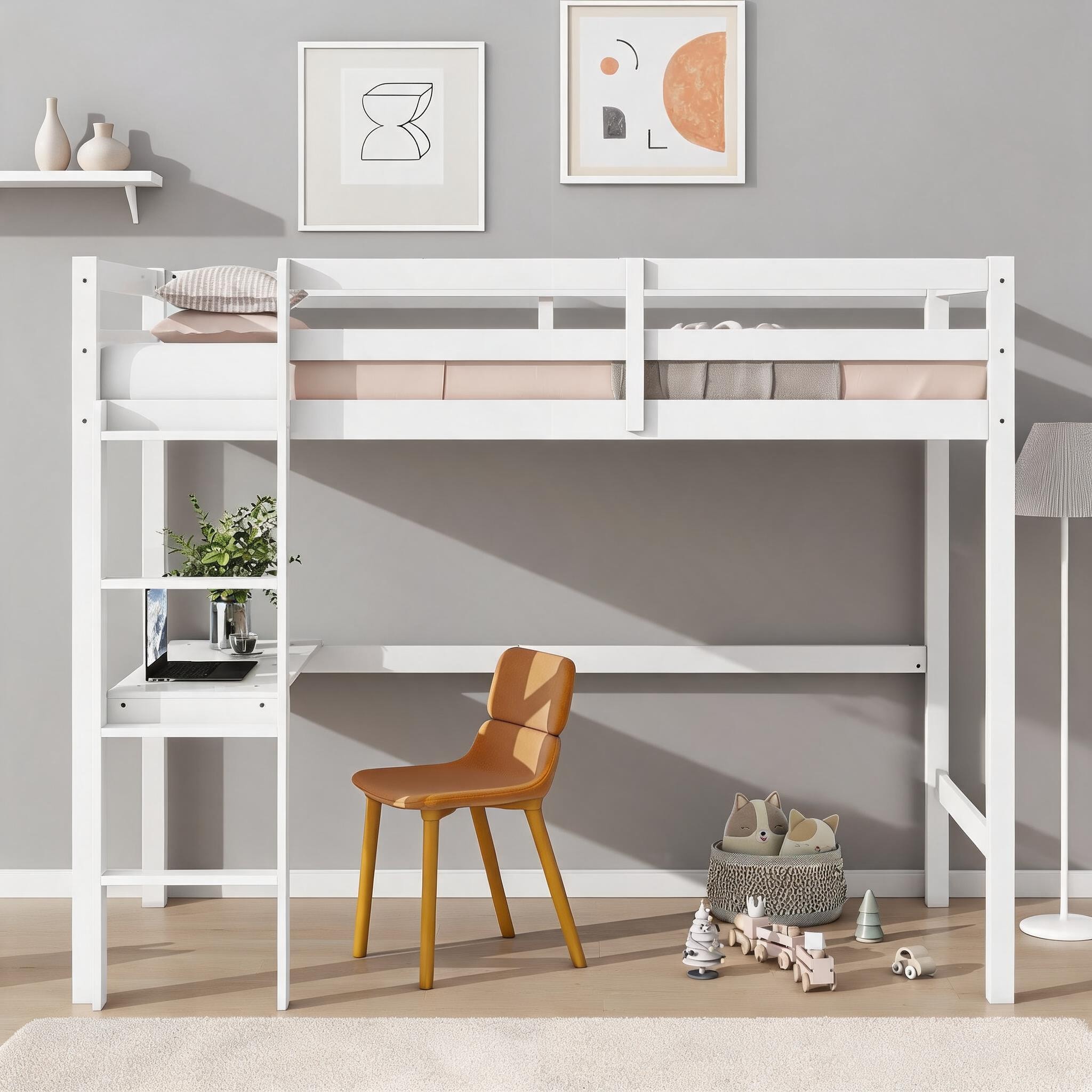 Watnature Crisp White Rubber Wood Twin Loft Bed with Built-in Study ...
