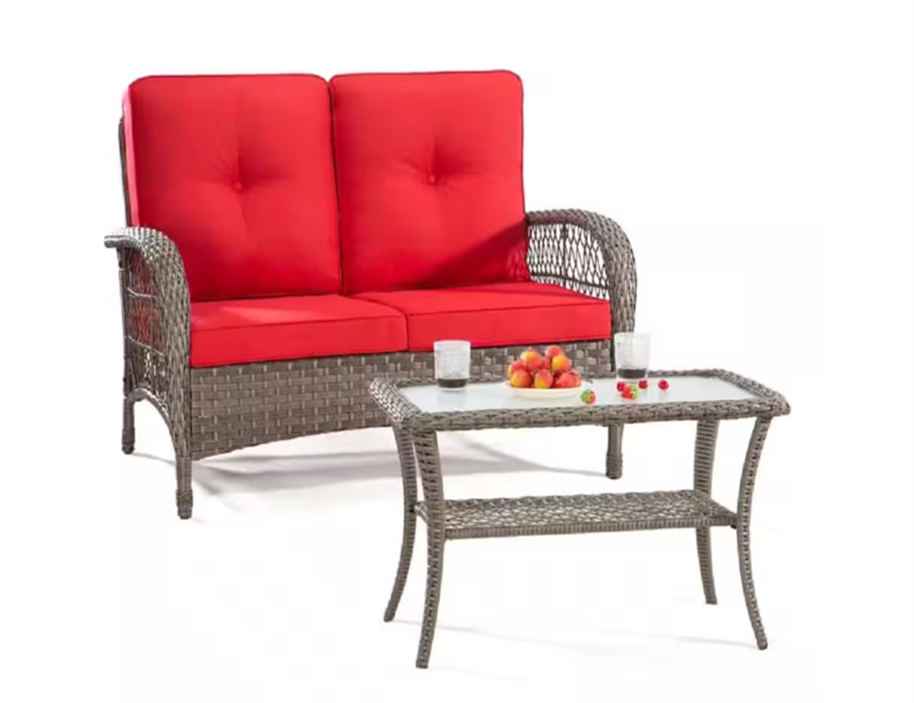 CESICIA QS-066 Patio Chairs Wicker Brown Wicker Frame Stationary Conversation Chair with Red Cushioned Seat