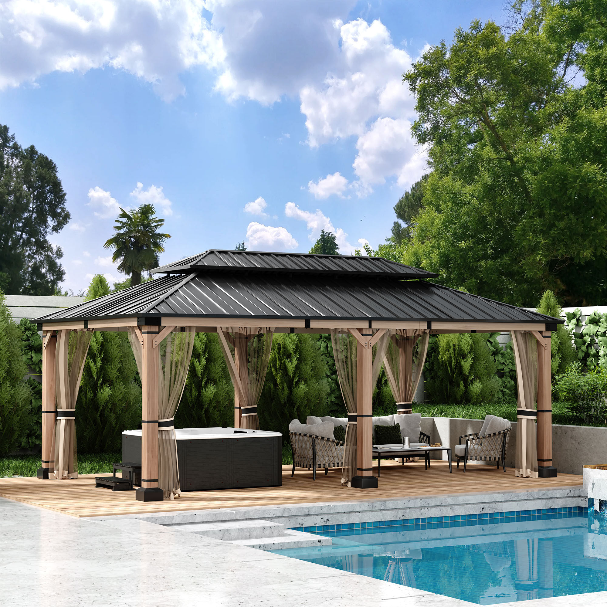 Clihome CL-M1220140-N 20-ft x 12-ft Cedar Wood Frame Gazebo Black Gazebo with Hardtop Roof (Screen Included)