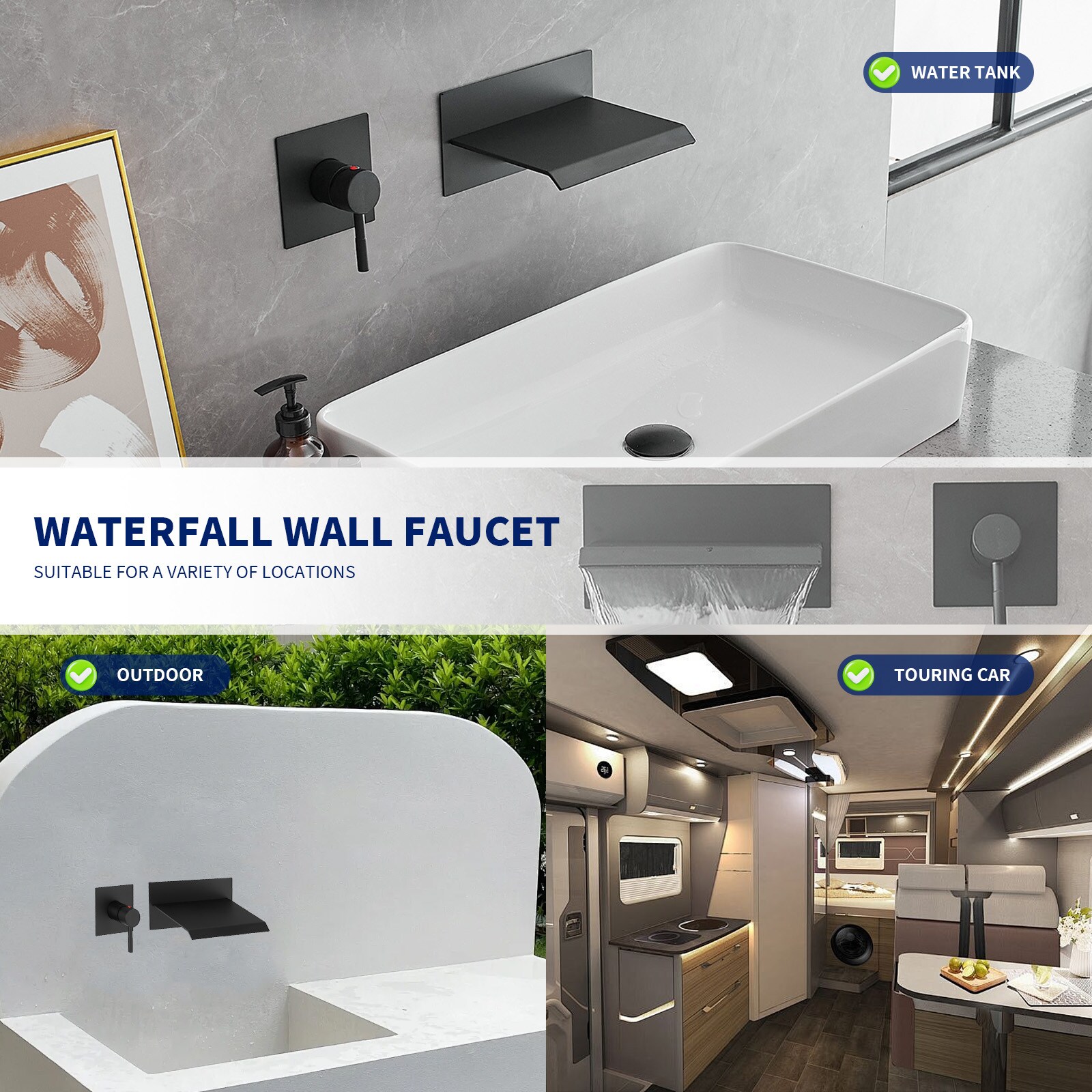 Matte Black Wall-Mount Waterfall Bathroom Faucet with Lever Handle