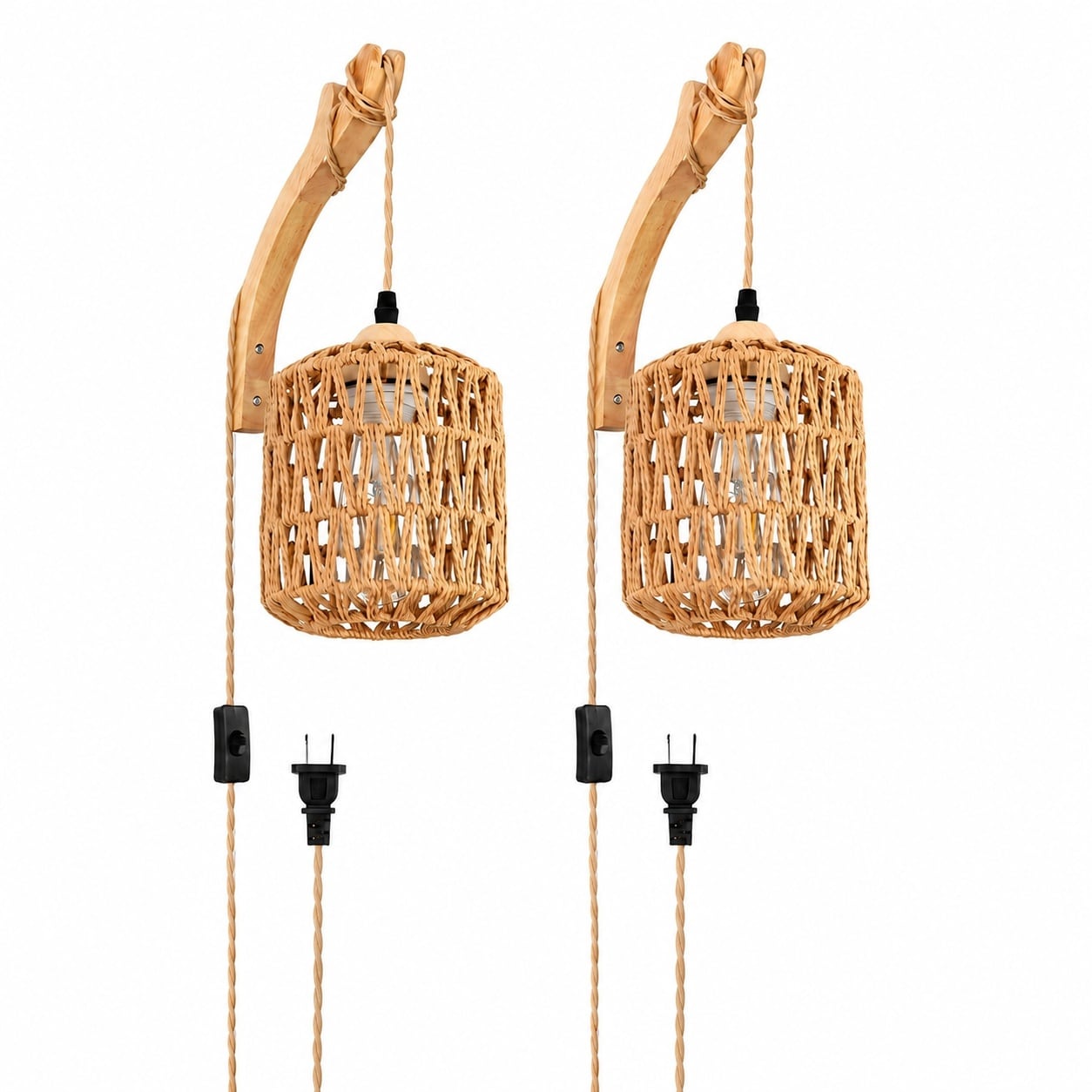 Aoibox  Handwoven Rattan Plug In Wall Sconce Set of 2 with Solid Wood Mount and E26 Socket Boho Farmhouse