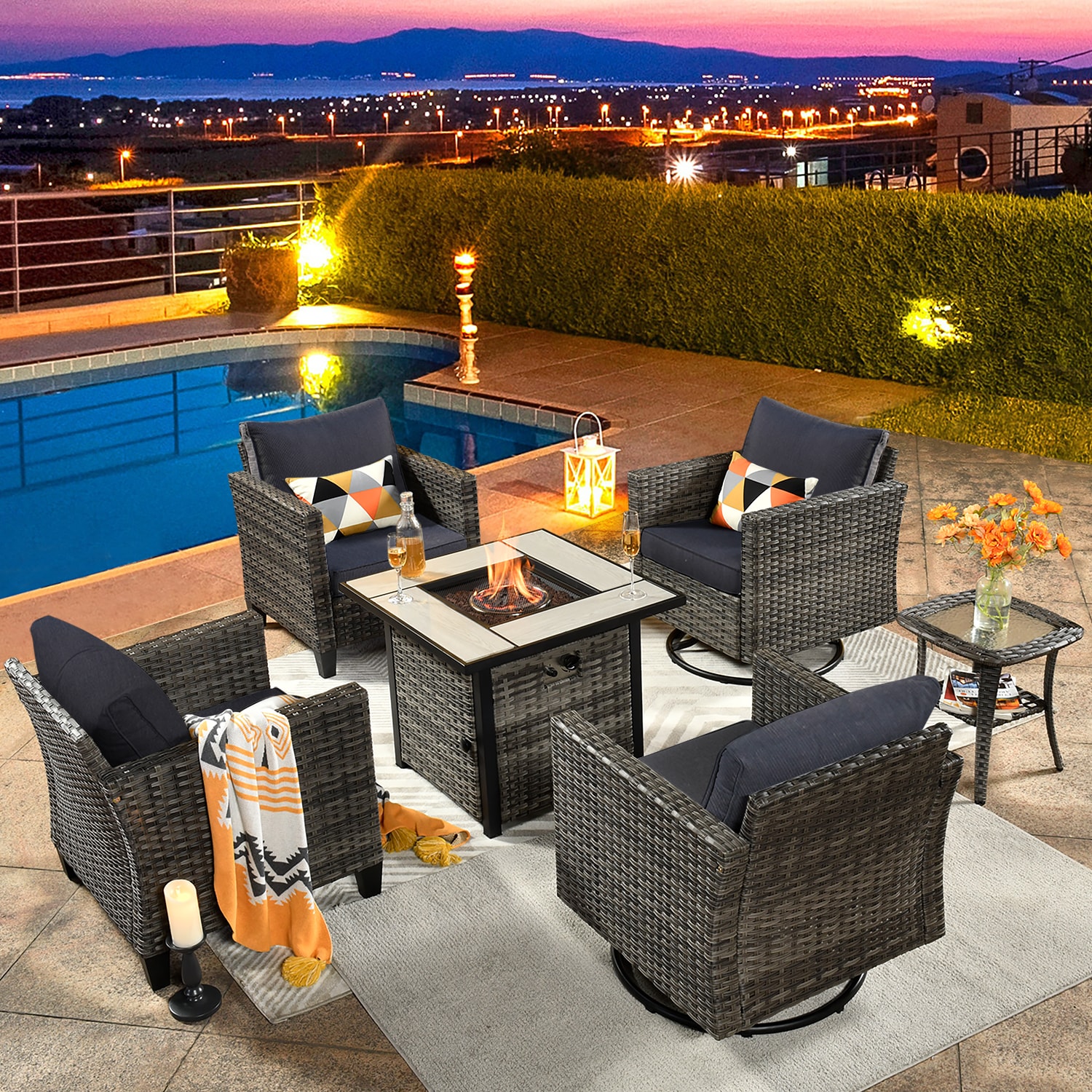Pouuin SFPYZGRS1022M 6-Piece Rattan Patio Conversation Set with Black Cushions