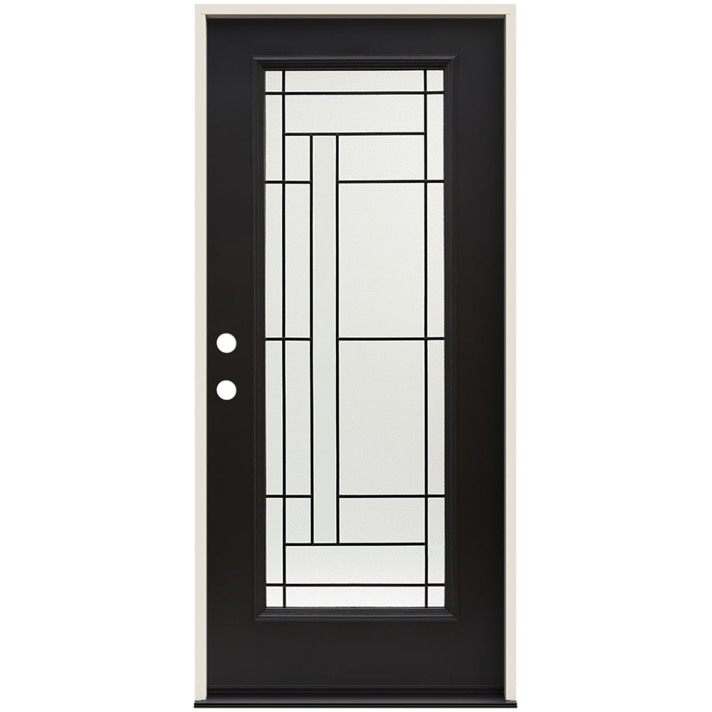 JELD-WEN LOWOLJW231300759 Atherton 36-in x 80-in x 4-9/16-in Fiberglass Full lite Right-hand inswing Black Painted Prehung Front Door with Brickmould Insulating core