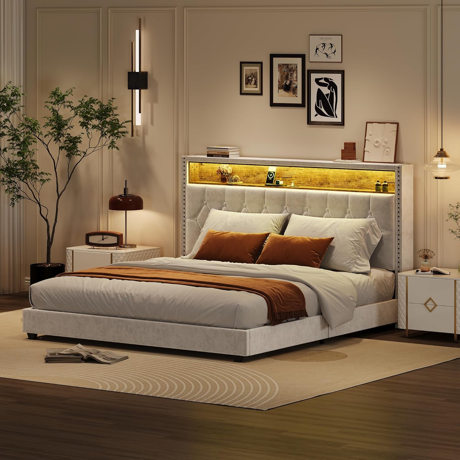 Qeetex LHF-BED-PHO-15I2XJMV King Bed Frame Upholstered Headboard Platform Bed with Charging Station and Bookcase No Noise Stable Easy Assembly Bed Frame with Light No Box Spring Needed Off White