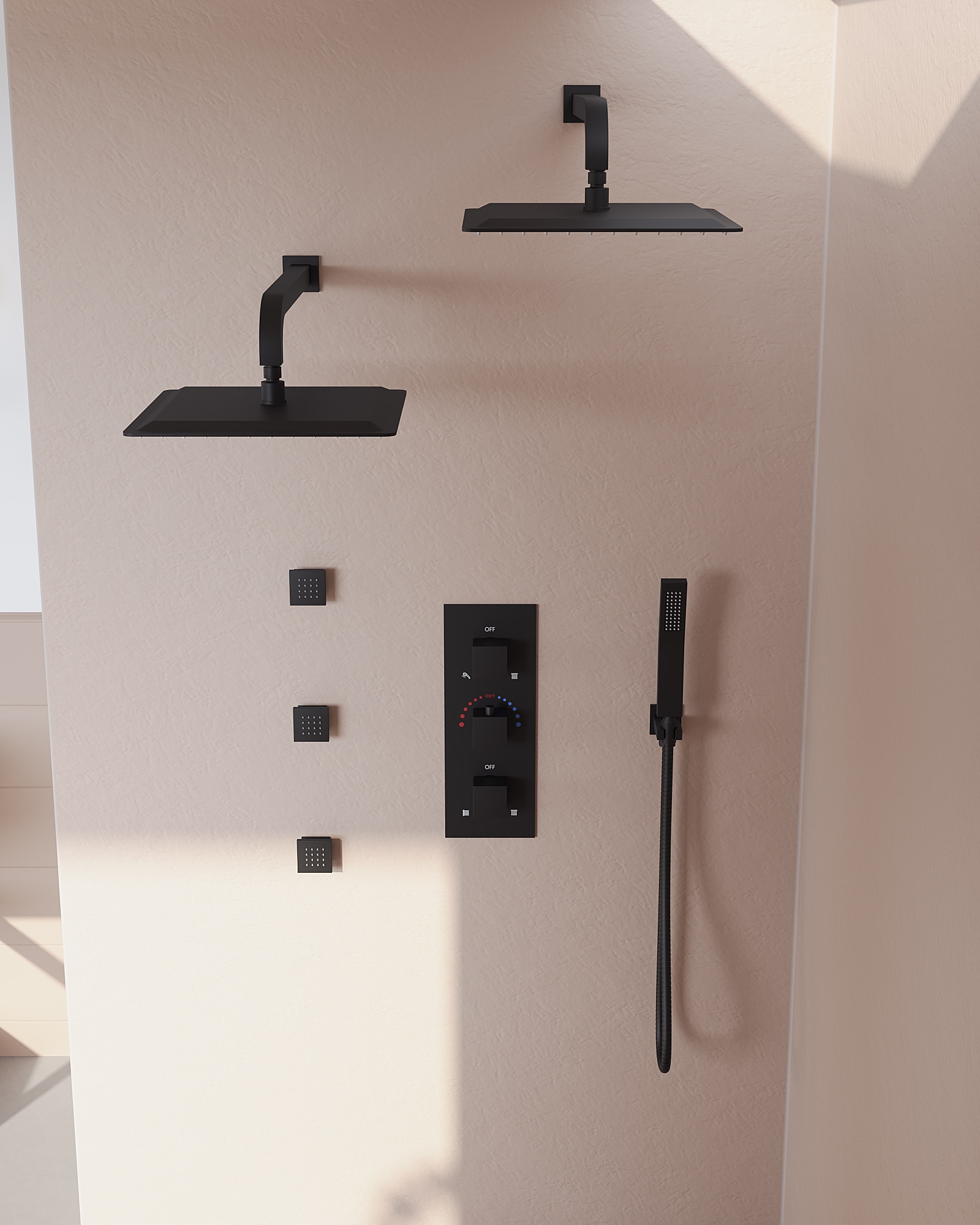 GRANDJOY SFS-1068-BK12 ZenithRain Matte Black 12-Inches Dual Head Built-In Shower Faucet System with 2-way Diverter ( Thermostatic Valve Included )