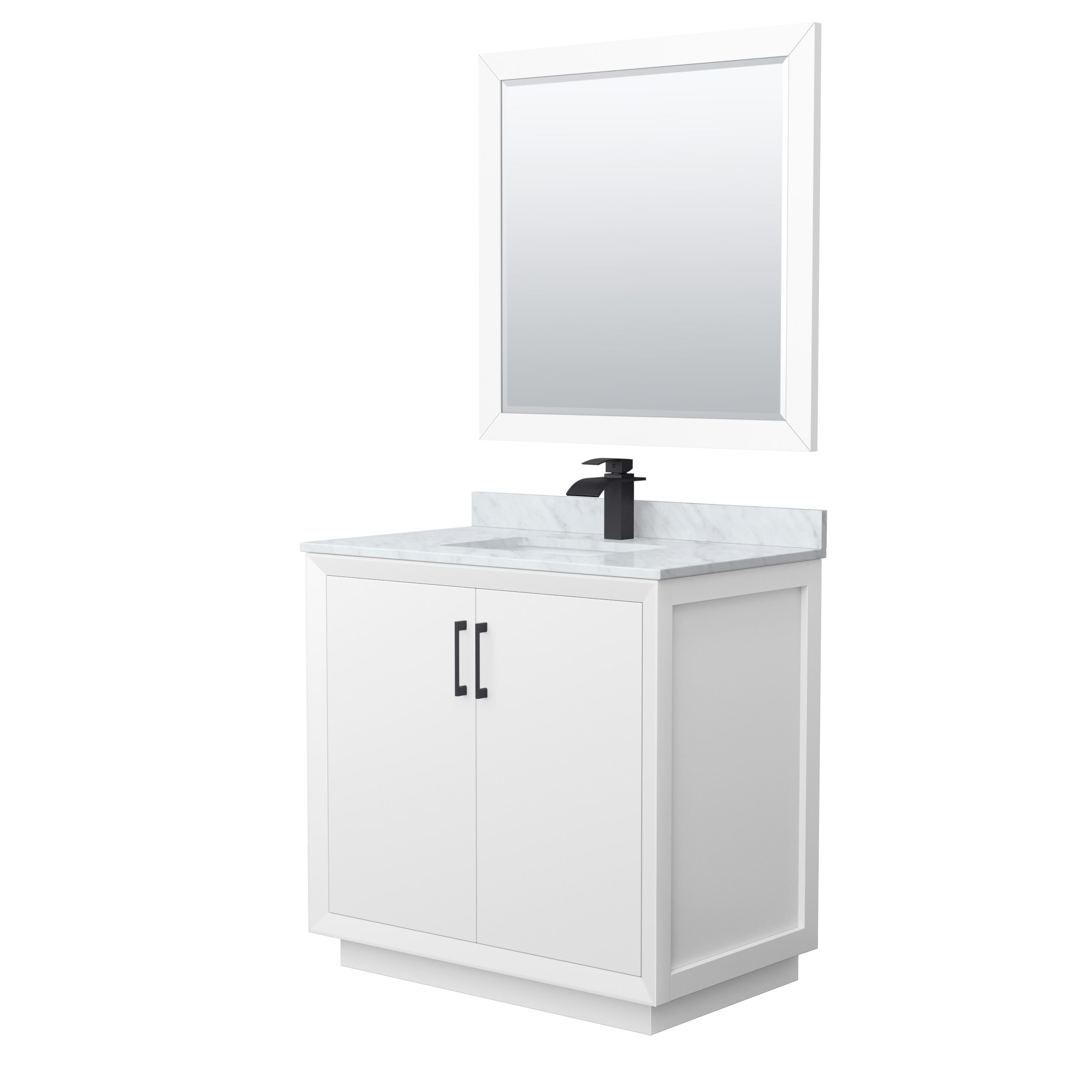 Wyndham Collection WCF414136SWBCMUNSM34 Strada 36-in White with Matte Black Trim Undermount Single Sink Bathroom Vanity with White Carrara Marble Natural Marble Top (Mirror Included)