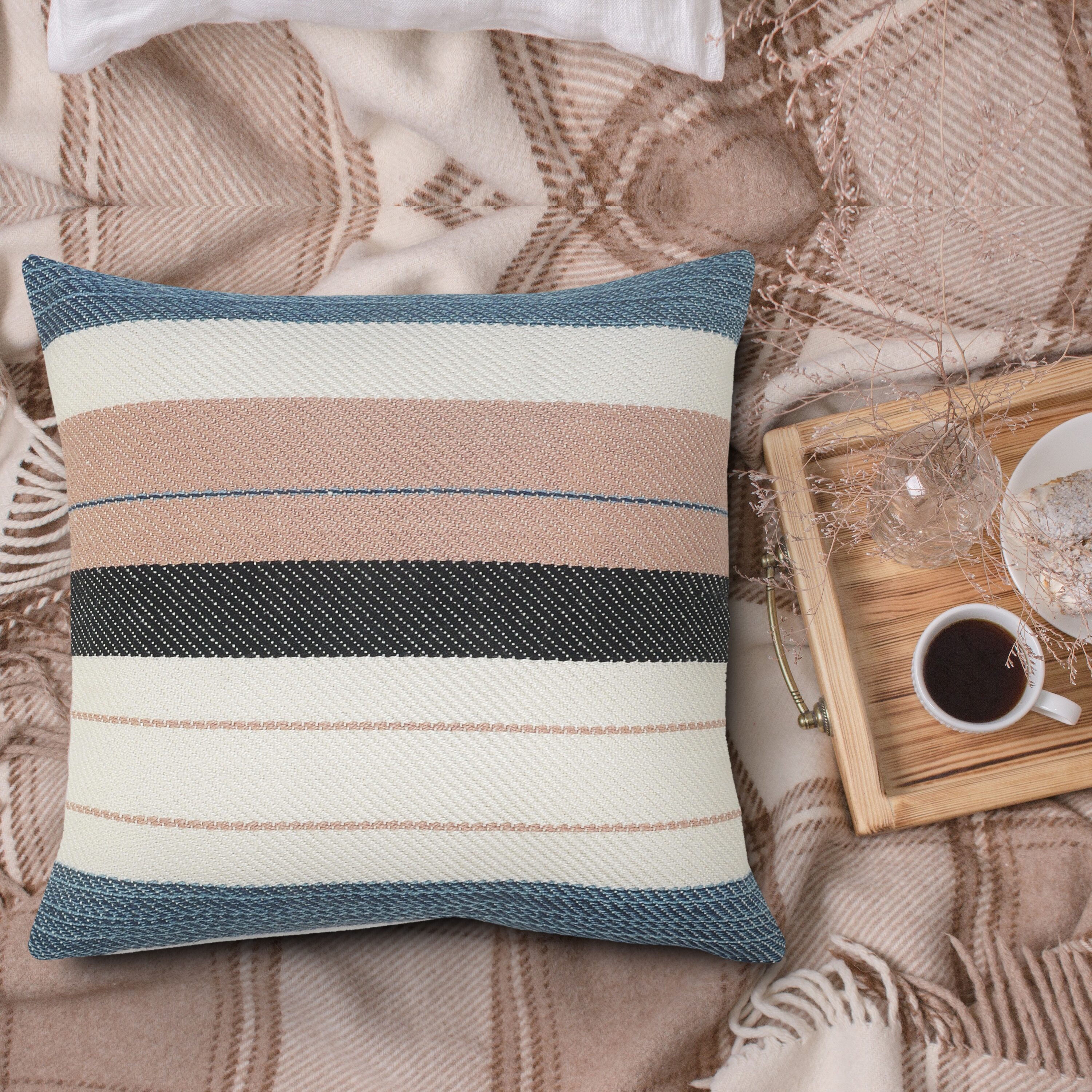 24" Blue and White Striped Square Throw Pillow
