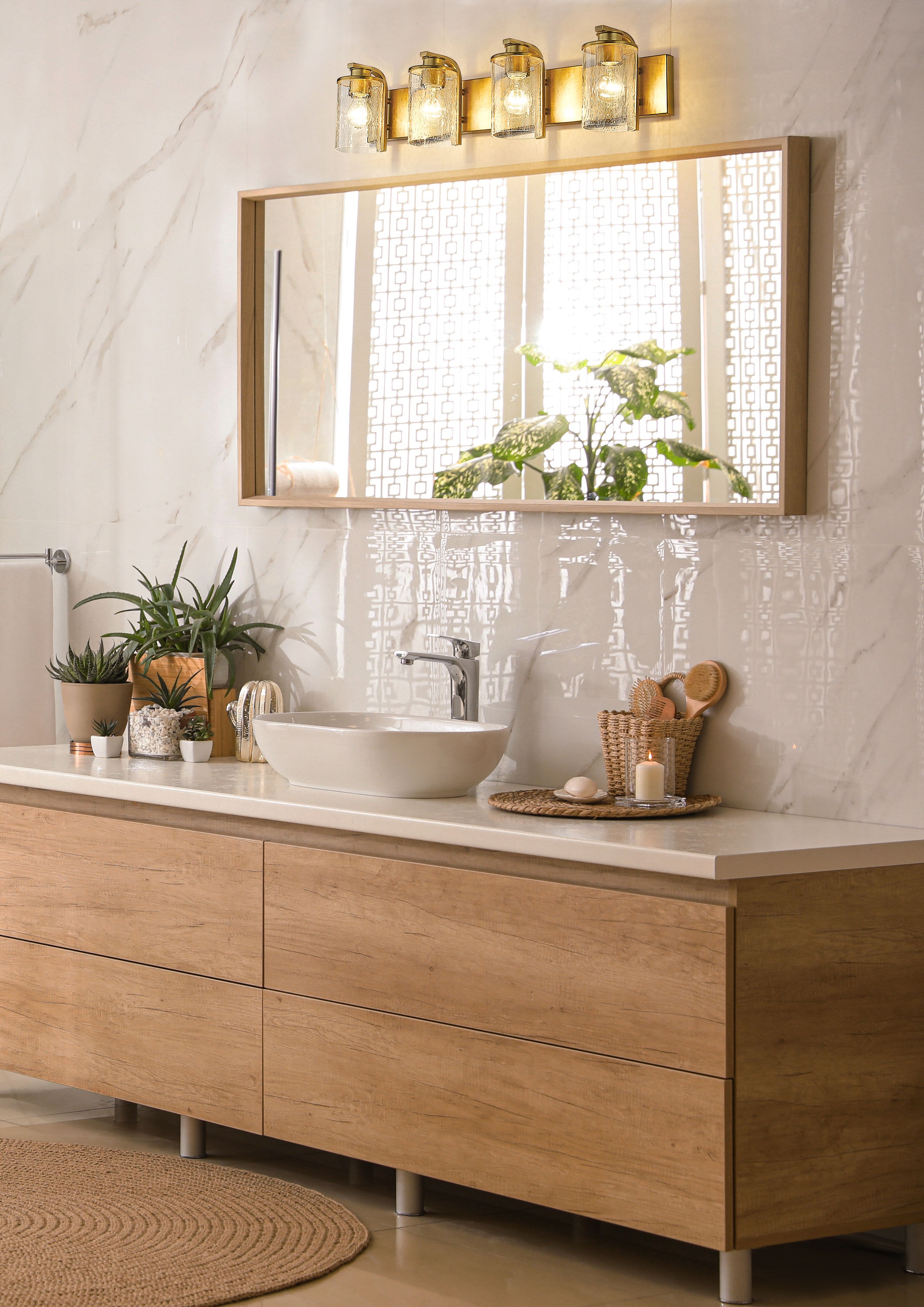 Beckett Olde Brass 4-Light Vanity with Clear Seedy Glass Shades